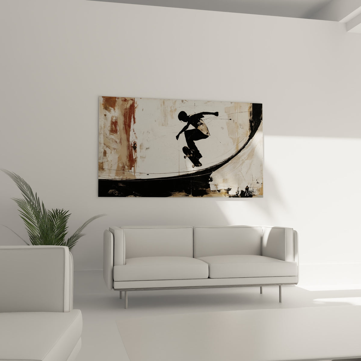 Silhouette anthracite d'un skateur en mouvement, accrochée au-dessus d'un canapé dans un salon lumineux