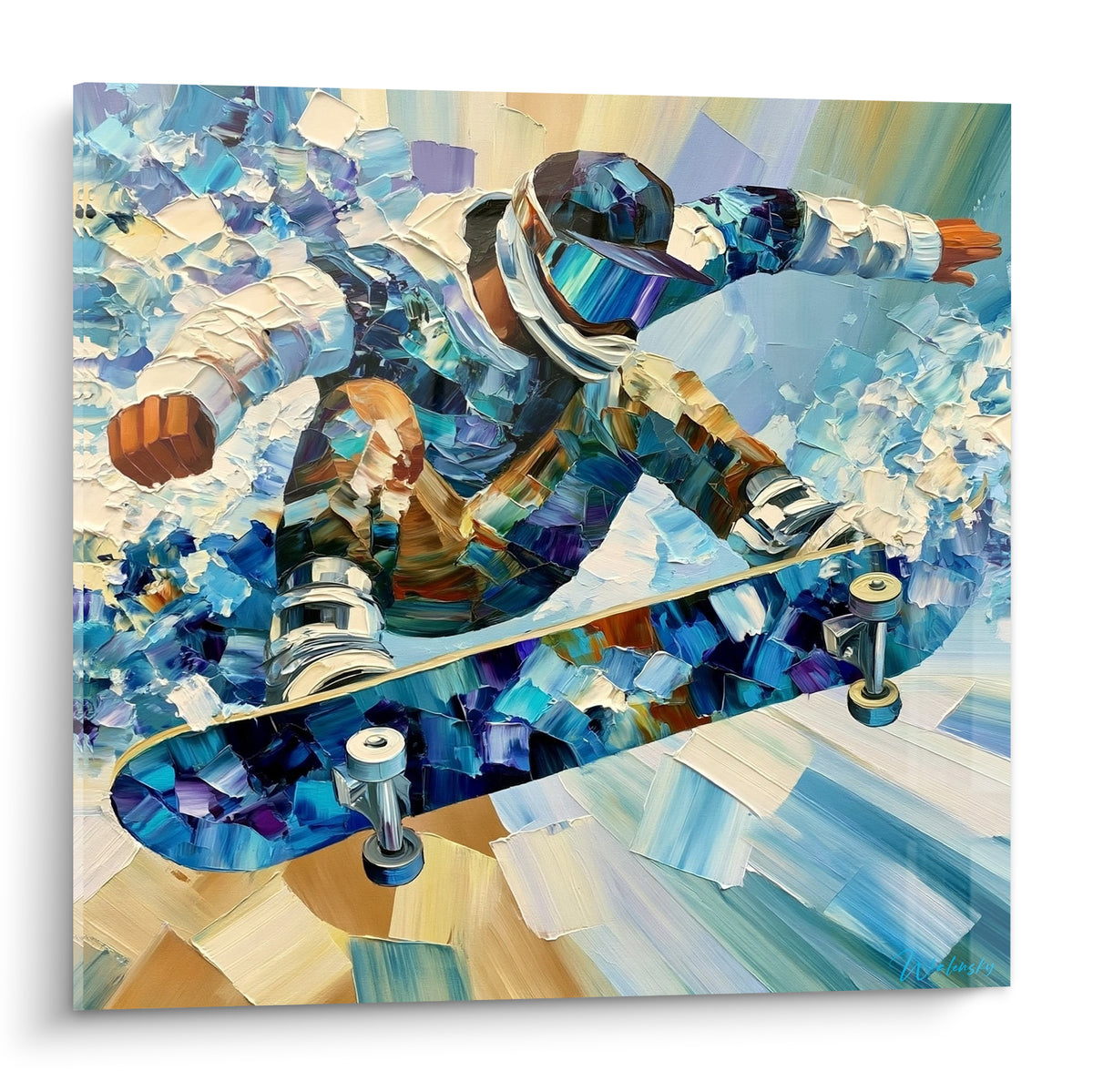Skateur en saut vertical, casque et gants bleu marine et ocre, empâtements texturés sur planche