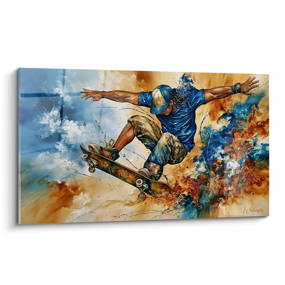 Skateur en plein saut, tee-shirt bleu profond et fond ocre flamboyant contrasté