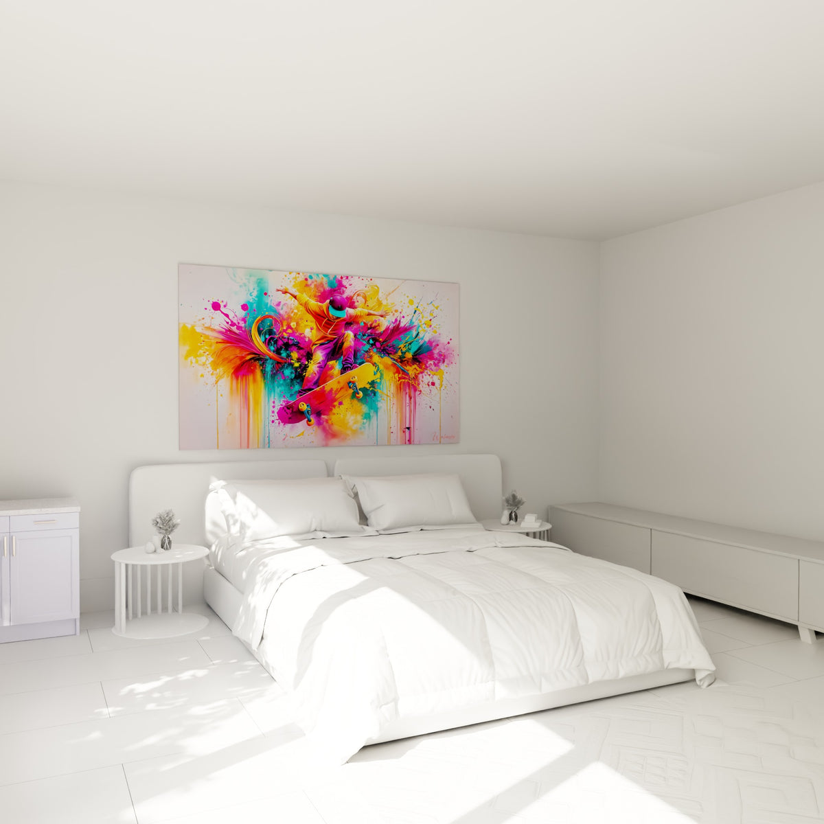 Silhouette de skateur aux couleurs vives jaune et violette, accrochée au-dessus d'un lit dans une chambre claire