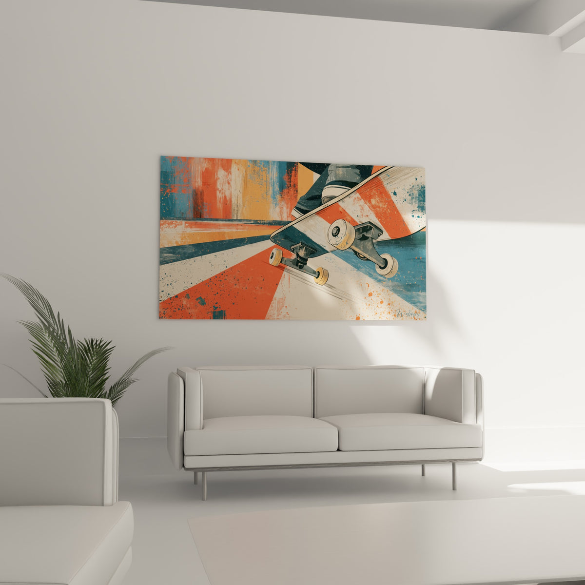 Skateur en mouvement sur fond orange et crème, tableau placé au-dessus d'un canapé dans un salon lumineux