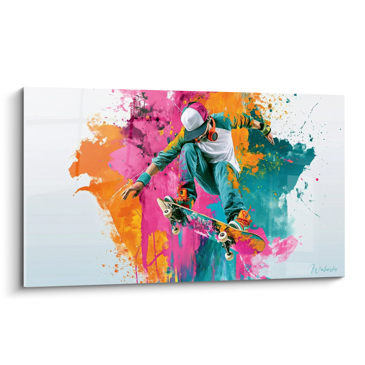 Skateur en saut acrobatique, planche suspendue, éclaboussures rose fuchsia et turquoise vives