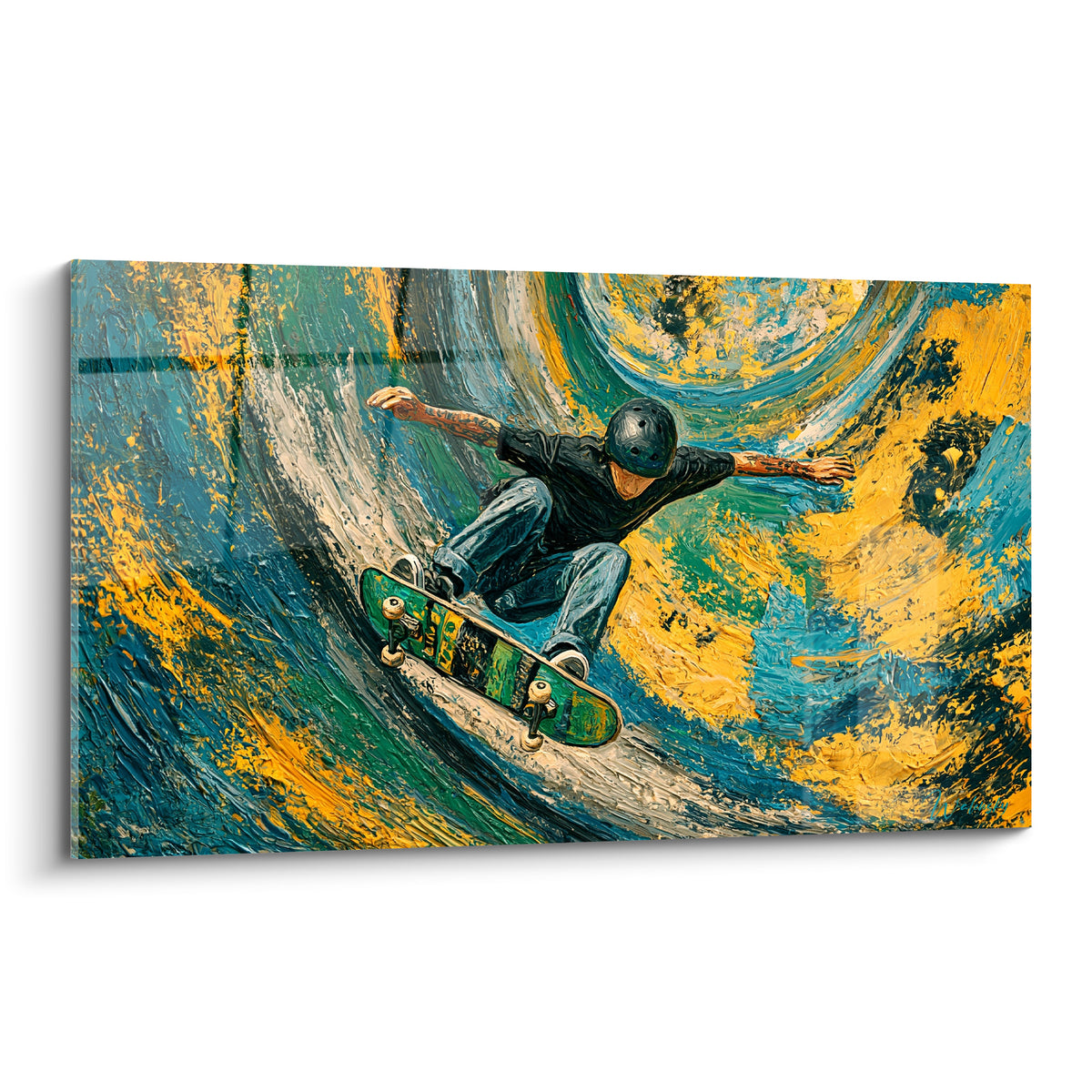 Skateur casqué en saut sur fond bleu et doré tourbillonnant, planche verte, style peinture au couteau