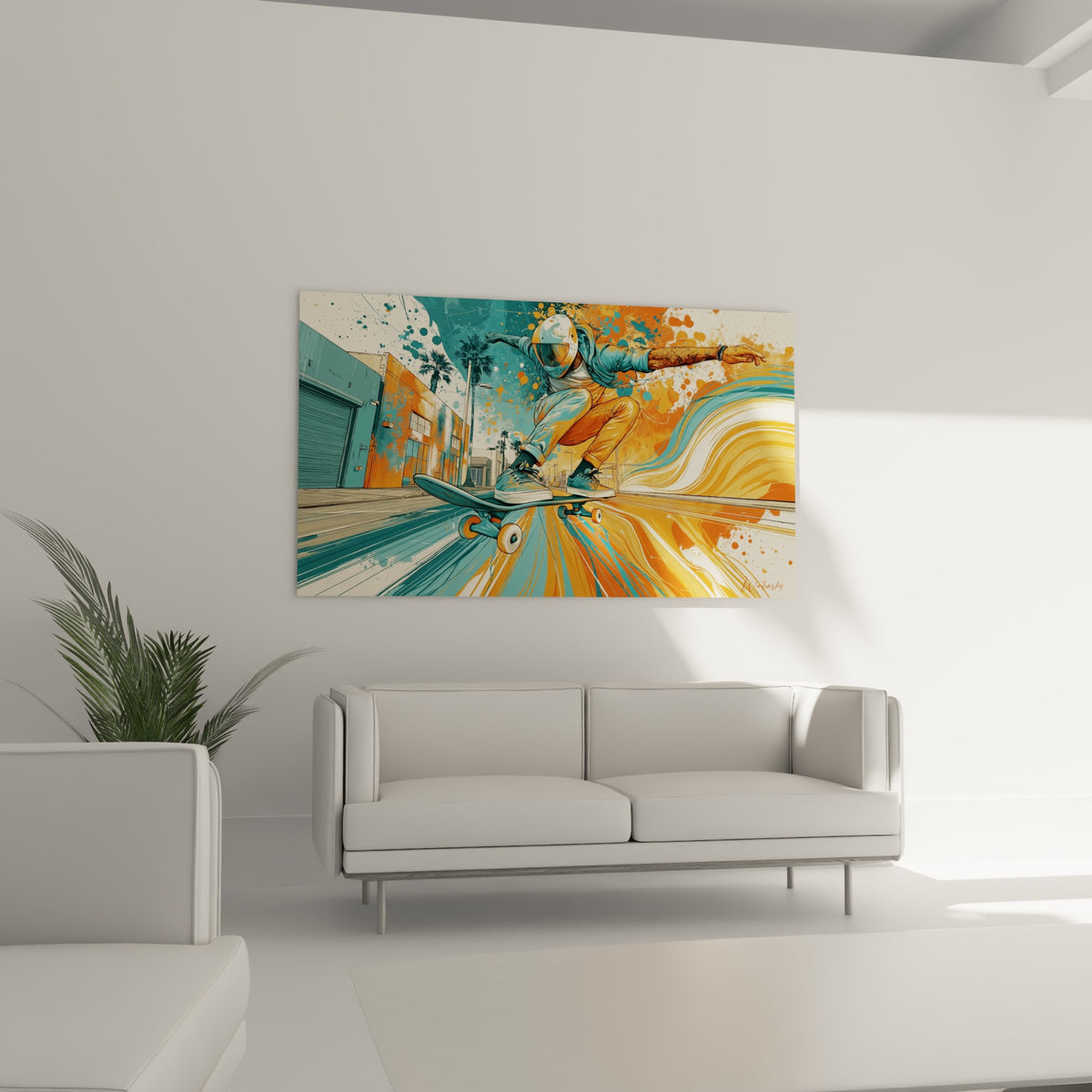 Silhouette dynamique orange et turquoise sur planche à roulettes, au-dessus d'un canapé dans un salon lumineux