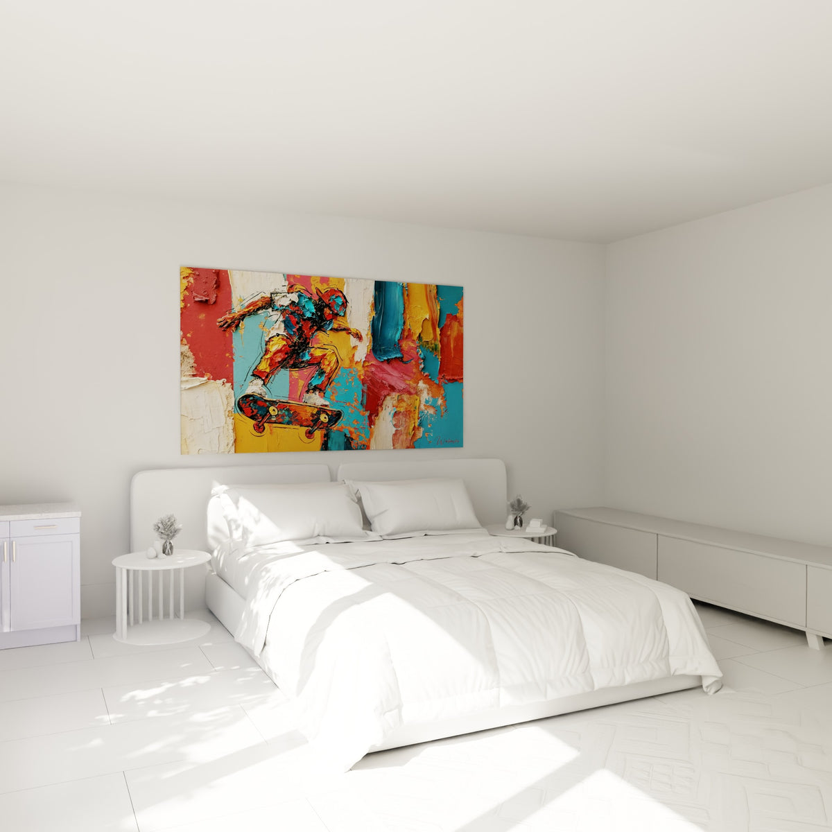 Silhouette de skateur casqué en saut, tons rose et bleu turquoise, au-dessus d'un lit dans une chambre claire