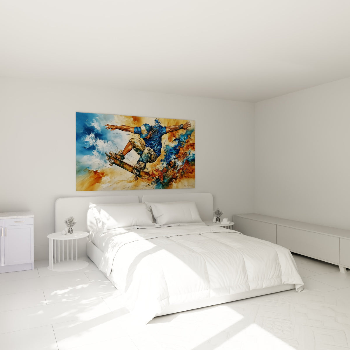Silhouette suspendue en bleu et terracotta, planche sous les pieds, au-dessus d'un lit dans une chambre claire