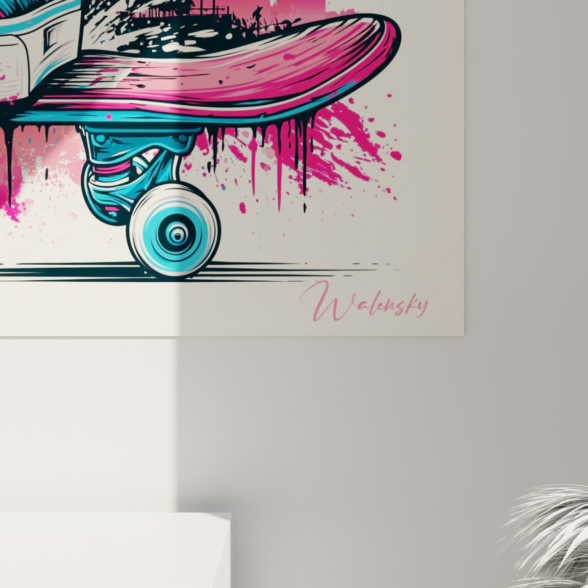 Grain de peinture éclatée rose fuchsia et bleu turquoise, coulures et empâtements sur skyline urbaine imprimée