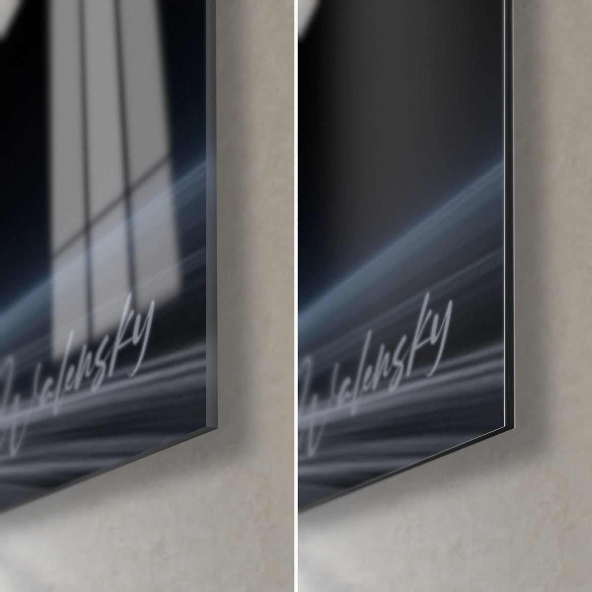 Tableau skateur noir et blanc en vol, coin bas droit : signature argentée, verre acrylique brillant et alu Dibond mat