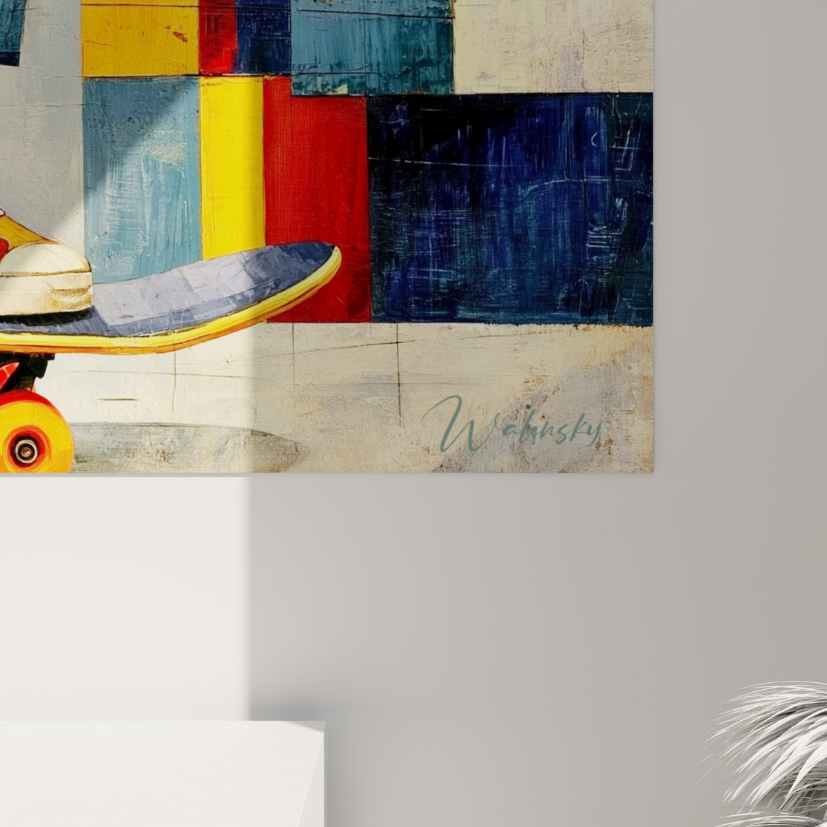 Empâtements colorés en bleu, rouge et orangé sur la toile, détail du grain pictural du skateur peint