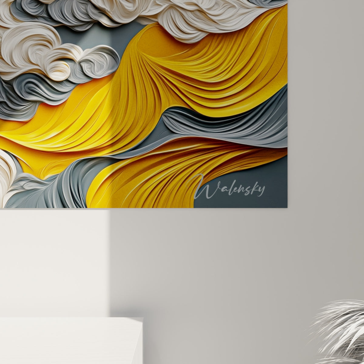 Relief en volutes jaune et blanc crème, empâtements texturés visibles sur la toile accrochée