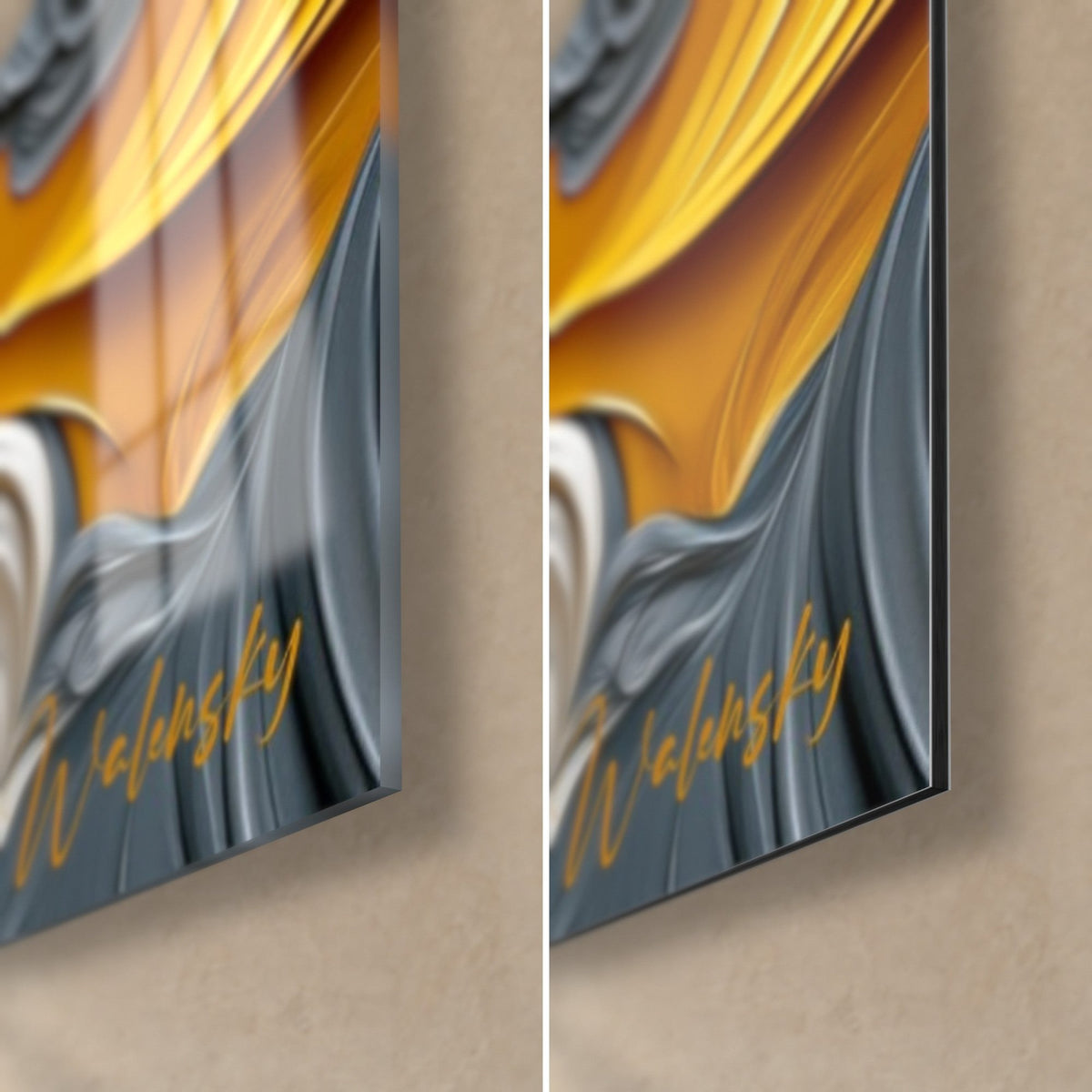 Tableau planche à roulettes jaune d'or sur vagues crémeuses, coin bas droit : verre acrylique brillant, alu Dibond mat gris, tranche 3 mm