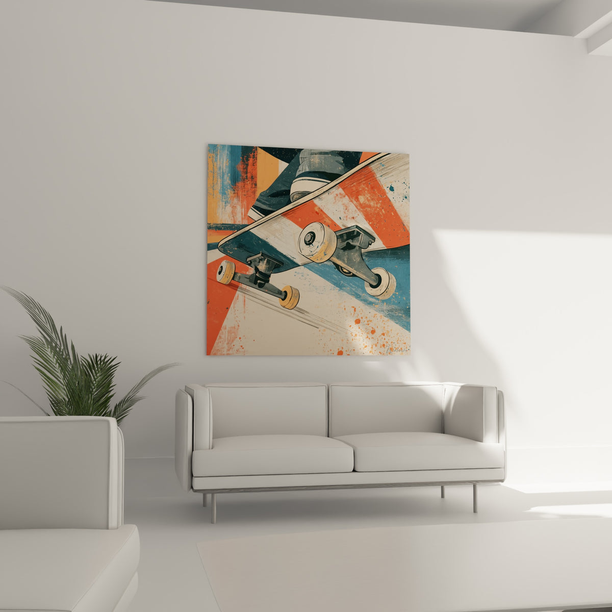 Roues orangées et trucks métalliques d'un skateboard éclaboussé de peinture, au-dessus d'un canapé dans un salon lumineux