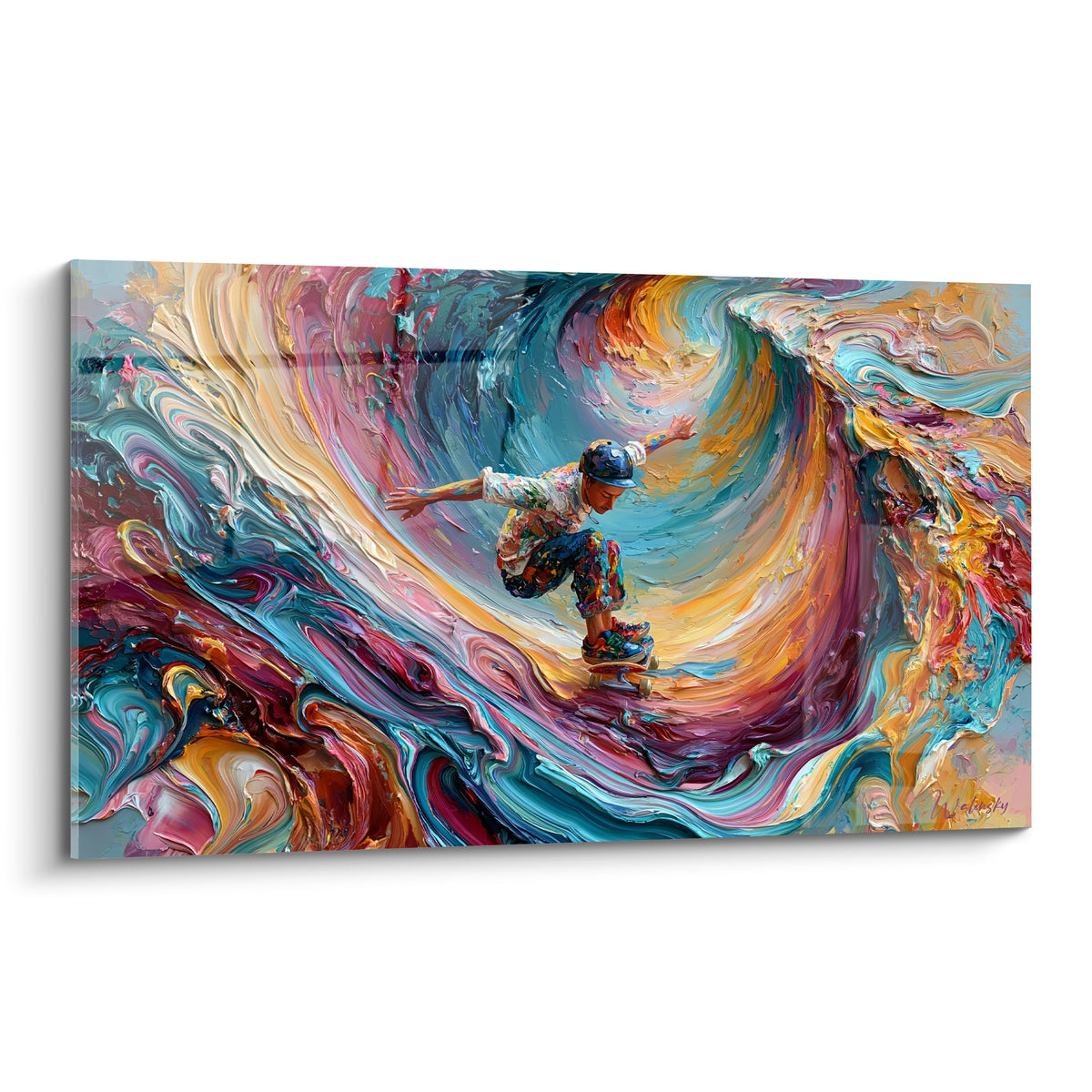 Skateur penché dans un tourbillon turquoise et doré, planche glissant sur une vague peinte au couteau