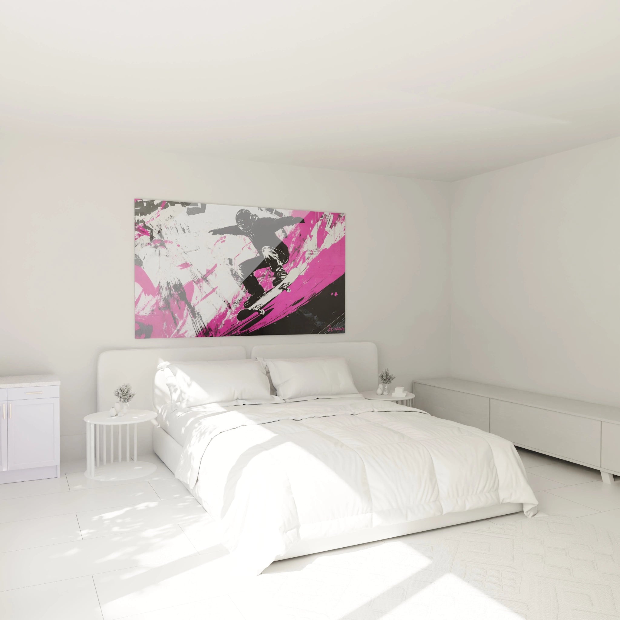 Un tableau skateboard urbain captant l'instant d'une figure aérienne, où la silhouette noire se détache sur un arrière-plan explosif de rose vif et blanc, avec des éclaboussures de peinture créant une sensation de mouvement et d'énergie brute.