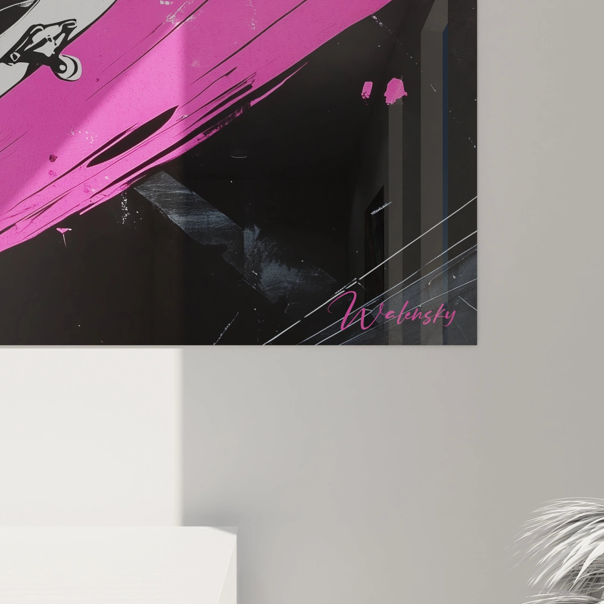 Un tableau skateboard contemporain présentant une composition diagonale où un rider anonyme en noir exécute une figure sur fond d'explosions roses et blanches, avec des textures brutes et des lignes de mouvement qui transmettent l'énergie de la culture urbaine.