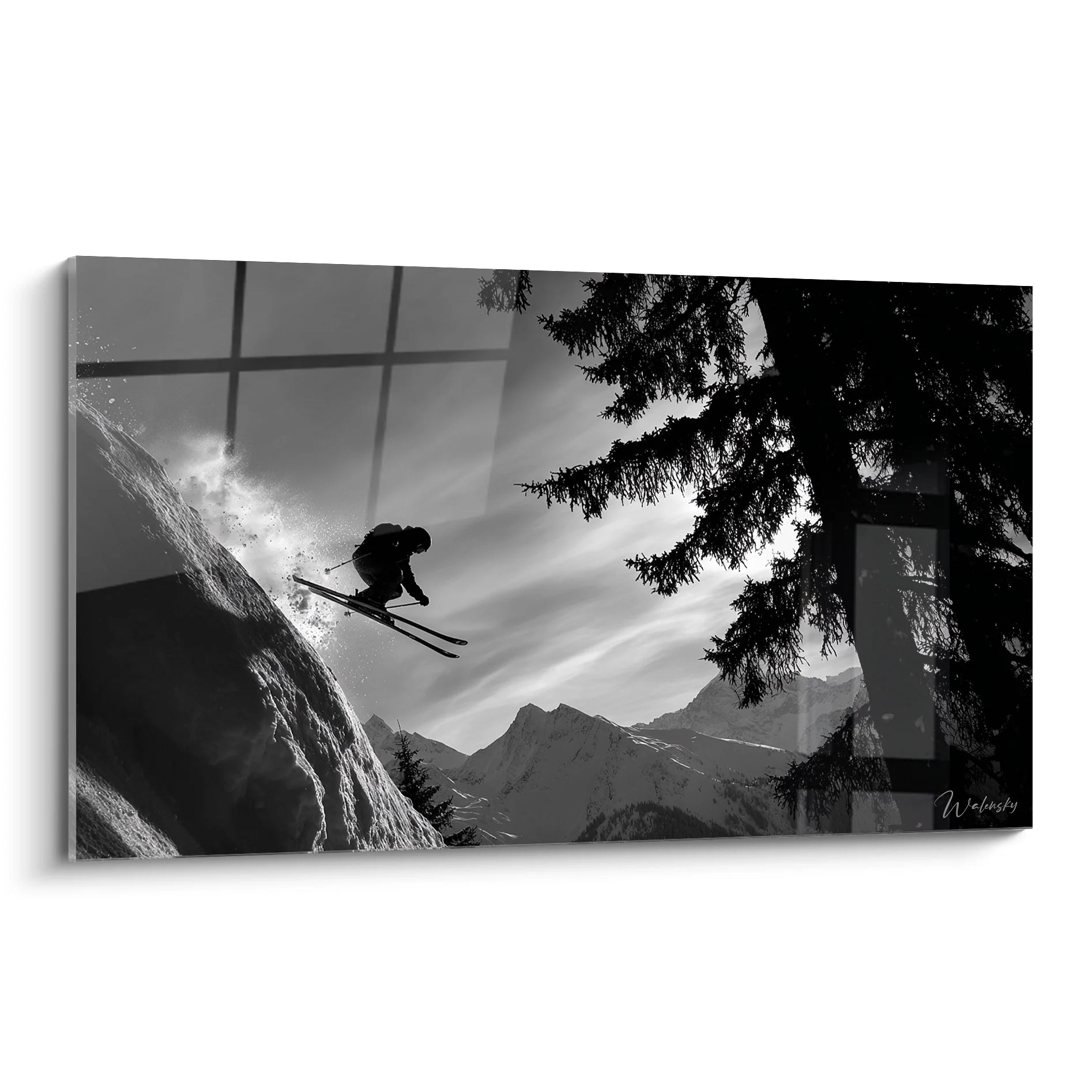 Tableau noir et blanc skieur freestyle sautant montagne neige décoration murale sport extrême