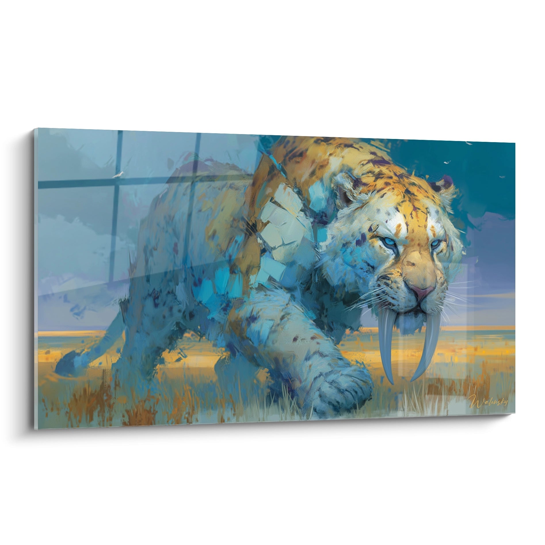 Tableau mural smilodon aux crocs saillants, art préhistorique bleu et or, décoration murale tigre