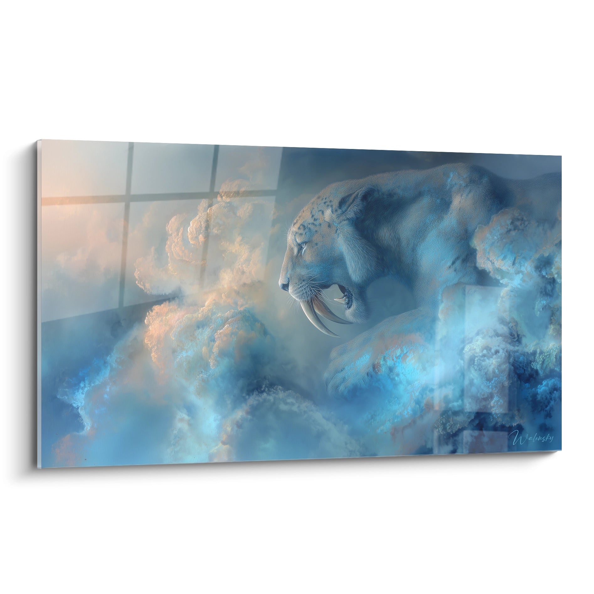 Tableau mural smilodon mystique évoluant dans nuages bleus et dorés art tigre dent sabre