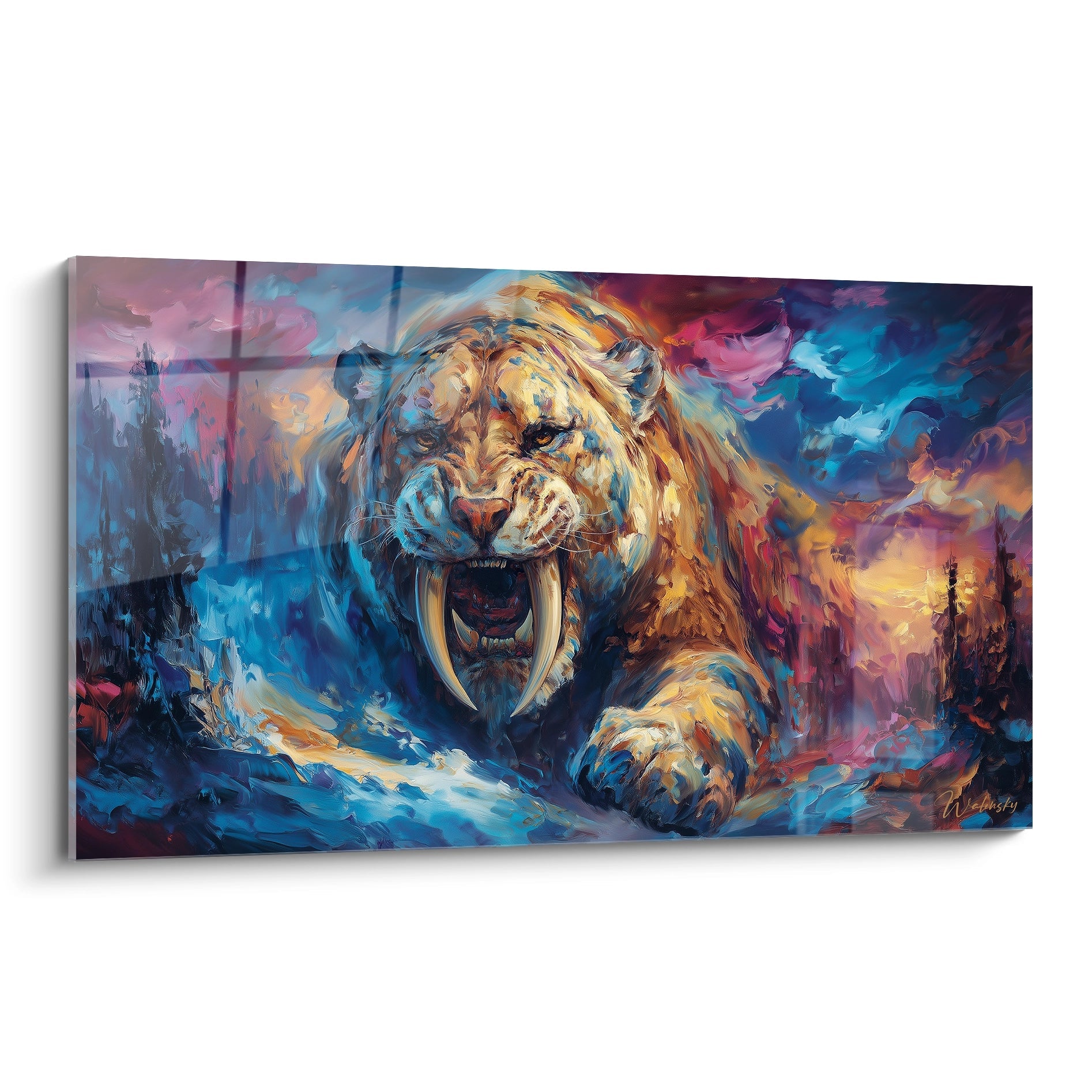 Tableau mural smilodon rugissant aux couleurs vives, art préhistorique tigre à dent de sabre