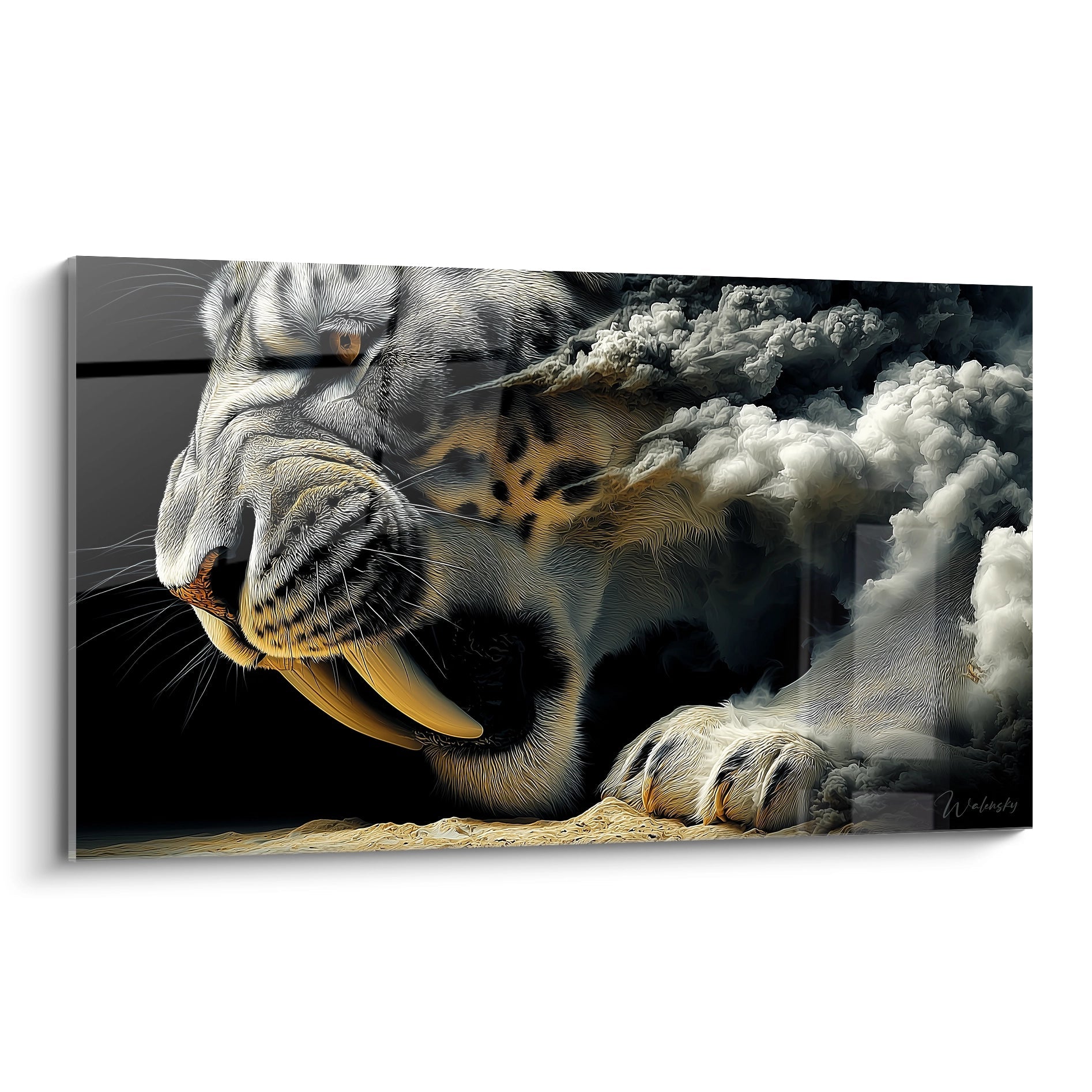 Tableau mural smilodon rugissant avec crocs acérés dans brume dramatique, art tigre à dent de sabre