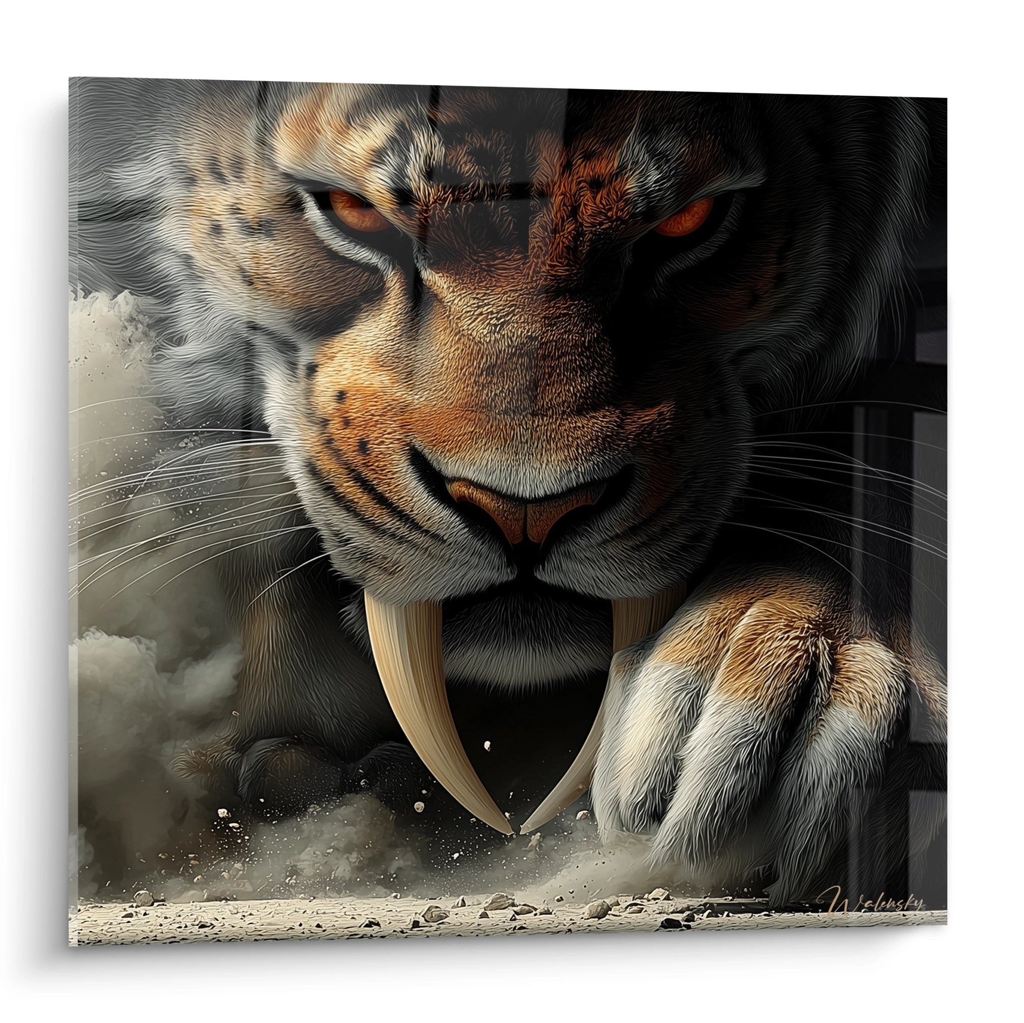 Tableau mural Smilodon tigre dents de sabre regard intense yeux ambrés art préhistorique déco