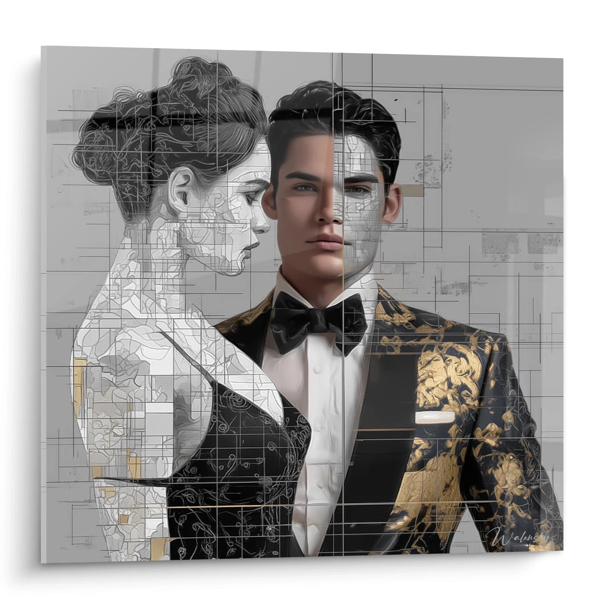 Tableau mural smoking doré représentant un homme en costume et une femme élégante en noir et blanc