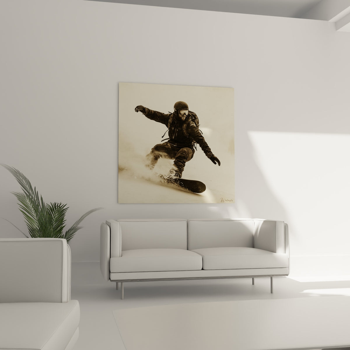Sportif penché dans la neige poudreuse beige et noire, au-dessus d'un canapé dans un salon lumineux