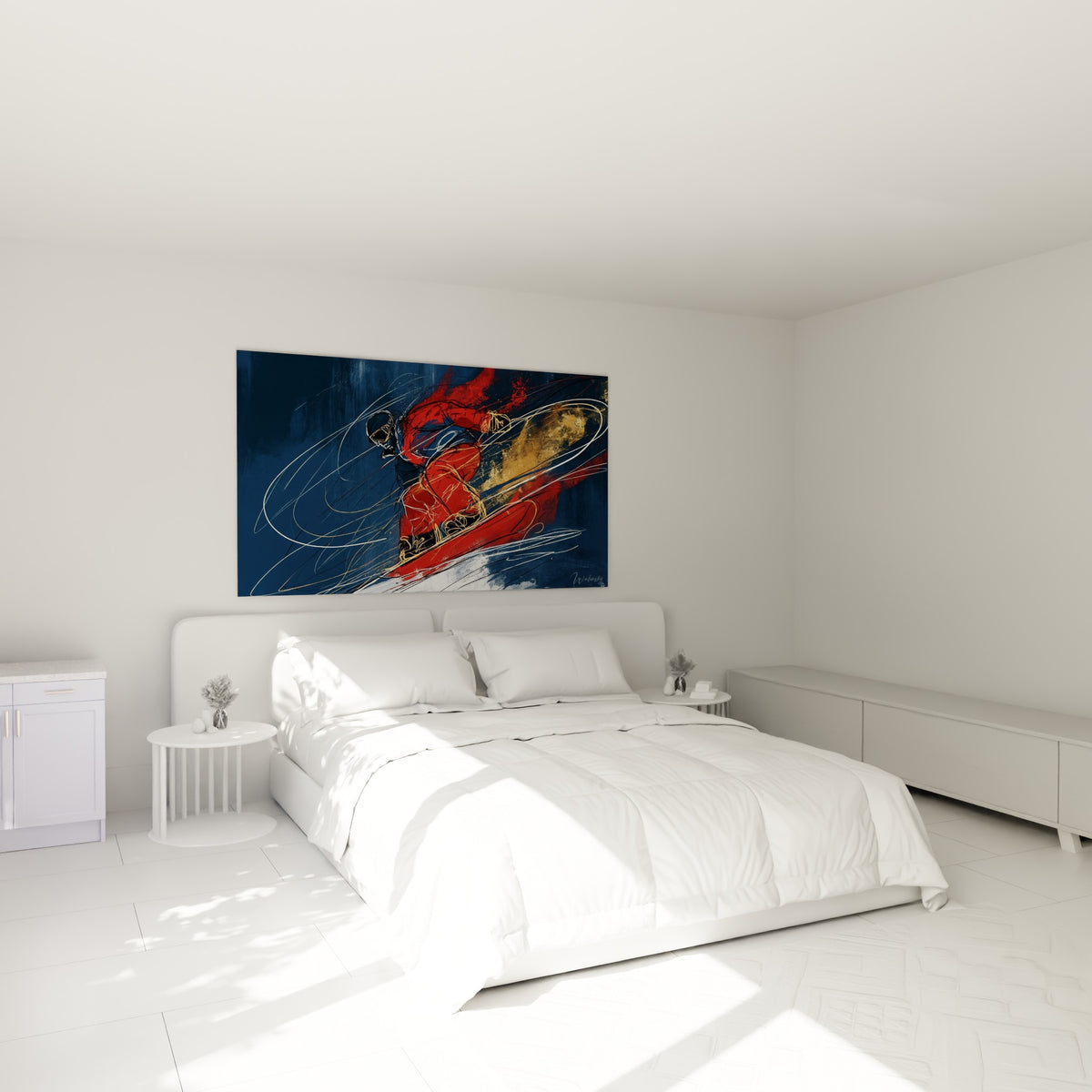 Rider en virage rouge et doré sur fond bleu marine, au-dessus d'un lit dans une chambre claire