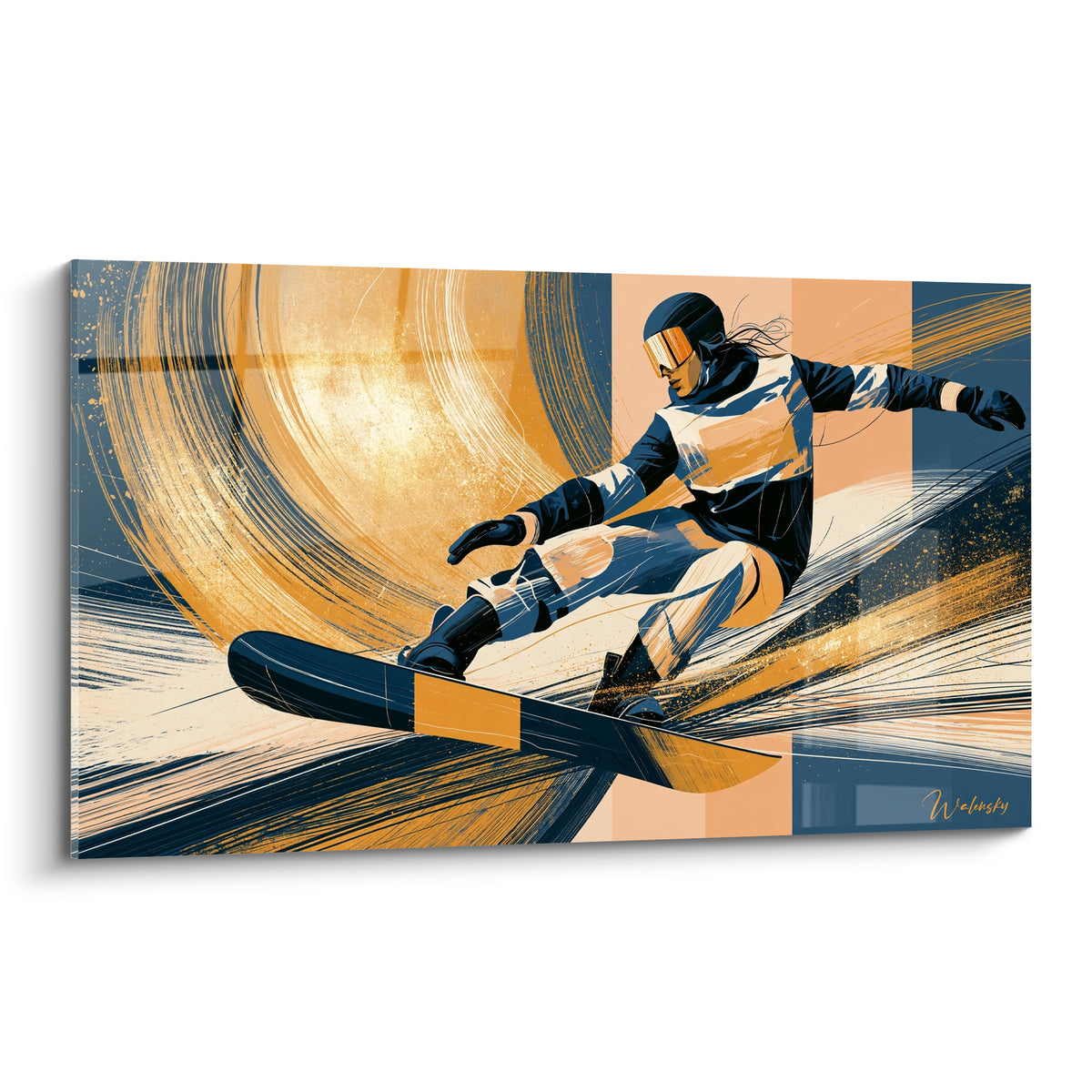 Snowboardeur en virage sur fond doré et bleu marine, style illustration dynamique