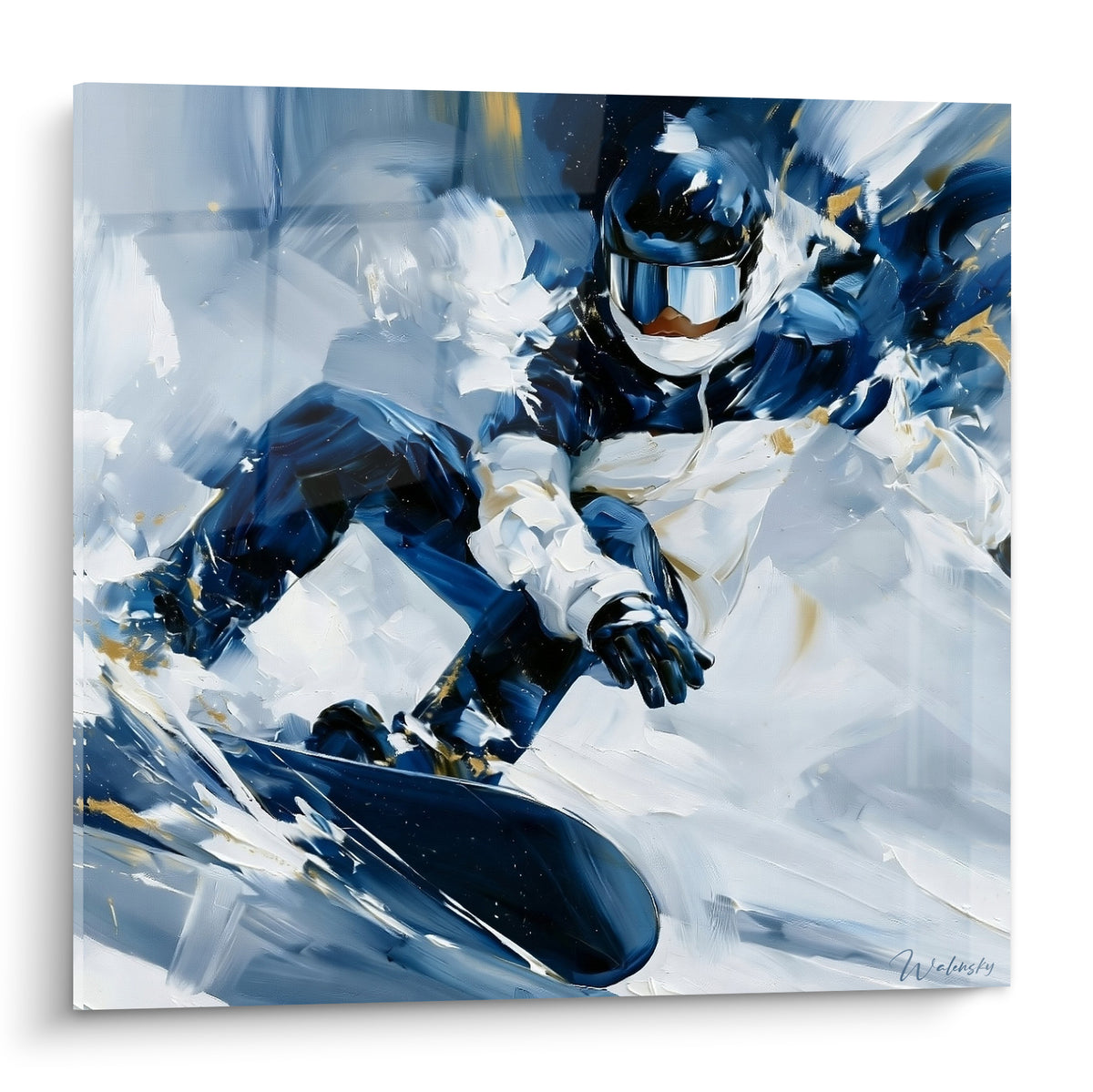 Snowboardeur en combinaison bleu marine et blanche, virage engagé, éclats dorés sur fond neigeux