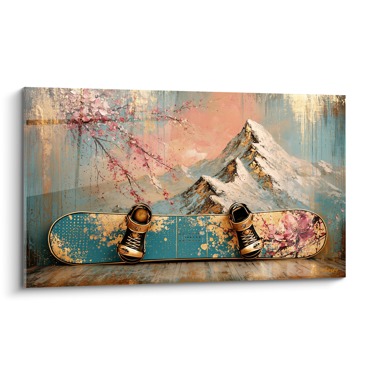 Snowboard bleu pétrole et doré, chaussures fixées, fleurs de cerisier roses et montagne enneigée