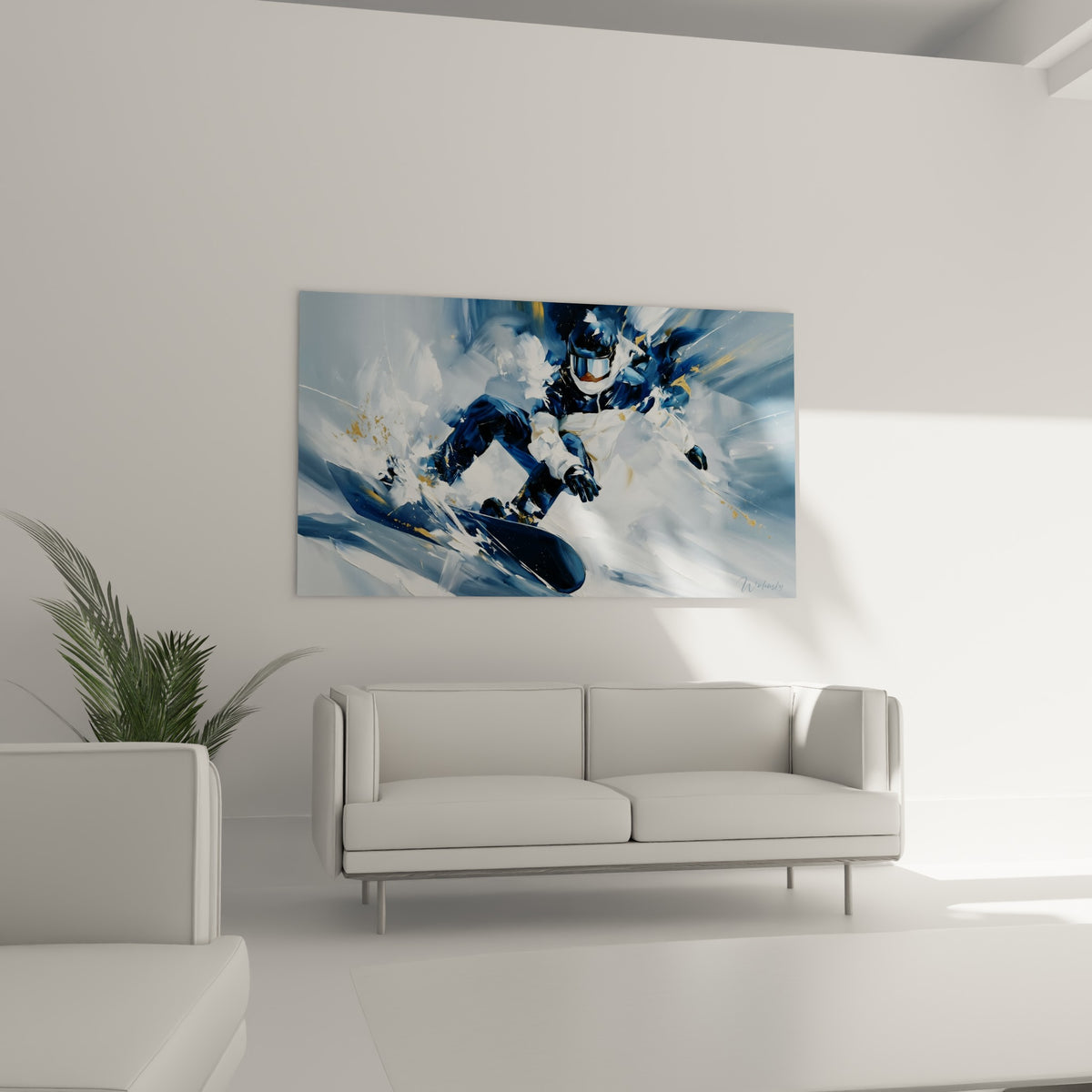 Silhouette casquée en bleu marine fendant la neige blanche, suspendue au-dessus d'un canapé dans un salon lumineux