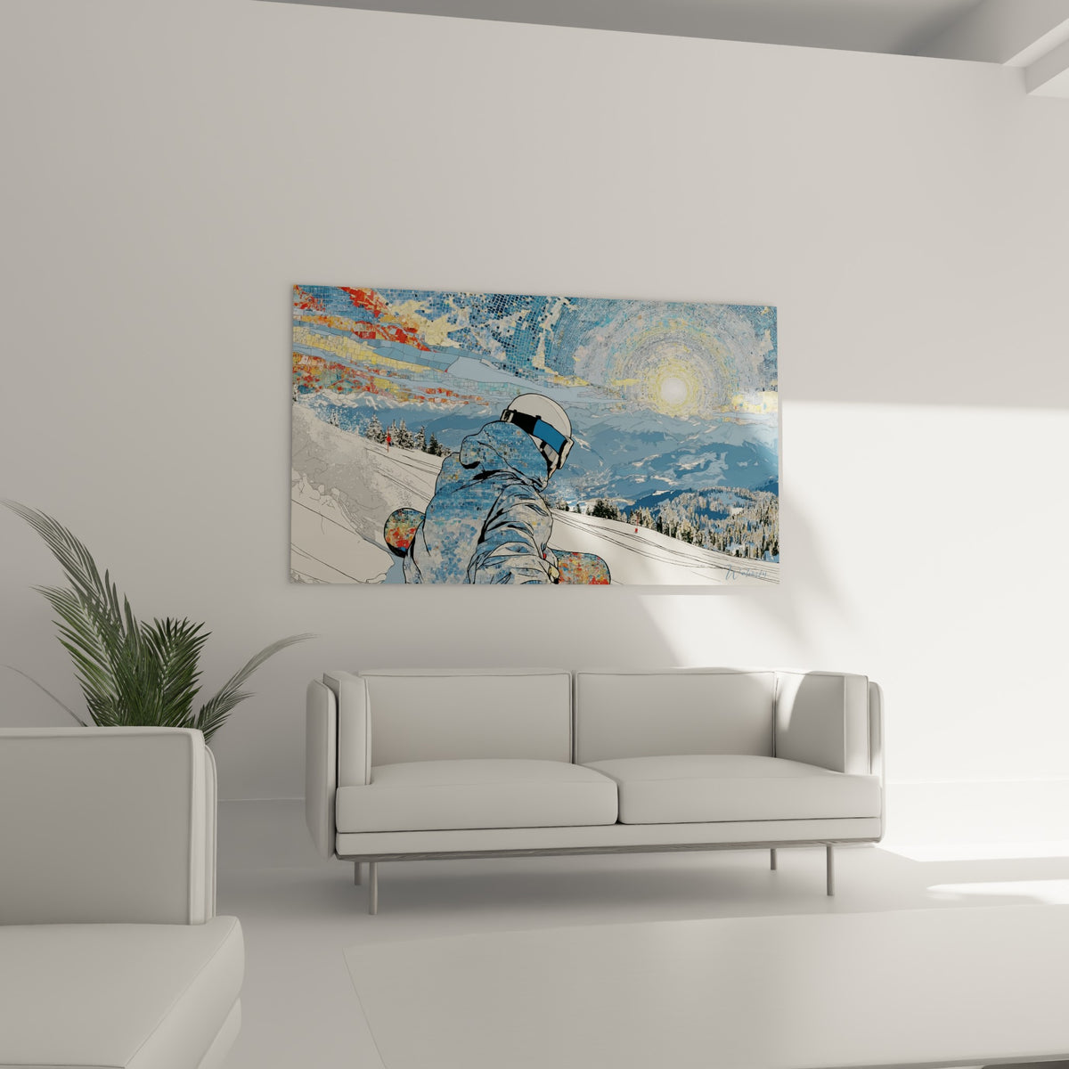 Silhouette de snowboardeur aux tons bleus et rouges, tableau accroché au-dessus d'un canapé dans un salon lumineux