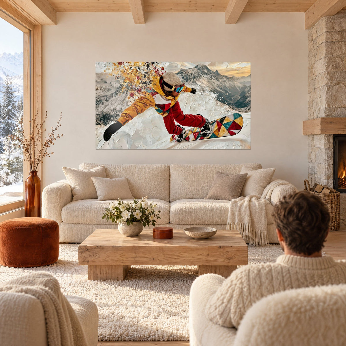 Tableau snowboardeur en combinaison moutarde et rouge, éclats dorés, crête enneigée, au-dessus d'un canapé dans un salon lumineux
