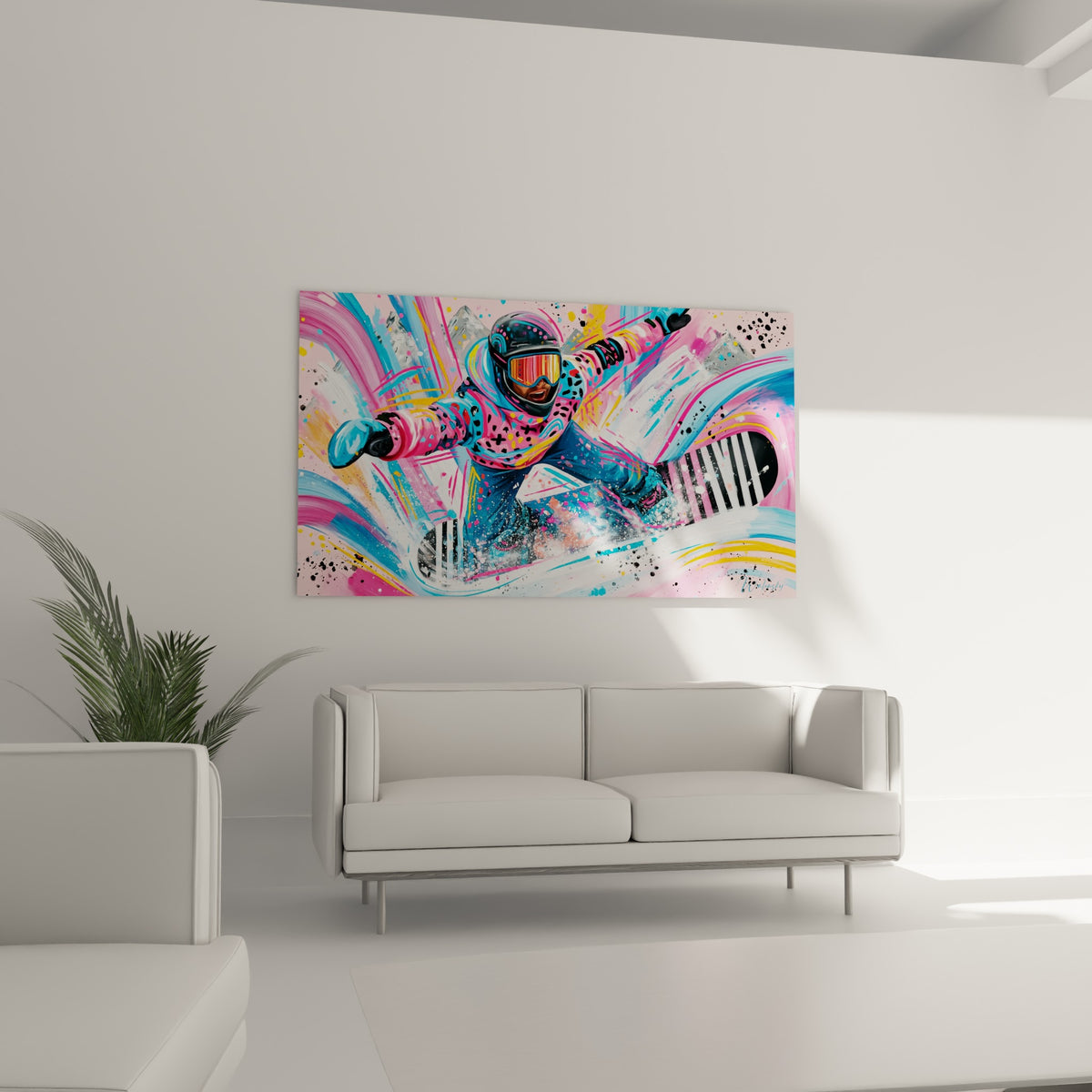Silhouette dynamique en combinaison léopard rose et bleue, tableau au-dessus d'un canapé dans un salon lumineux