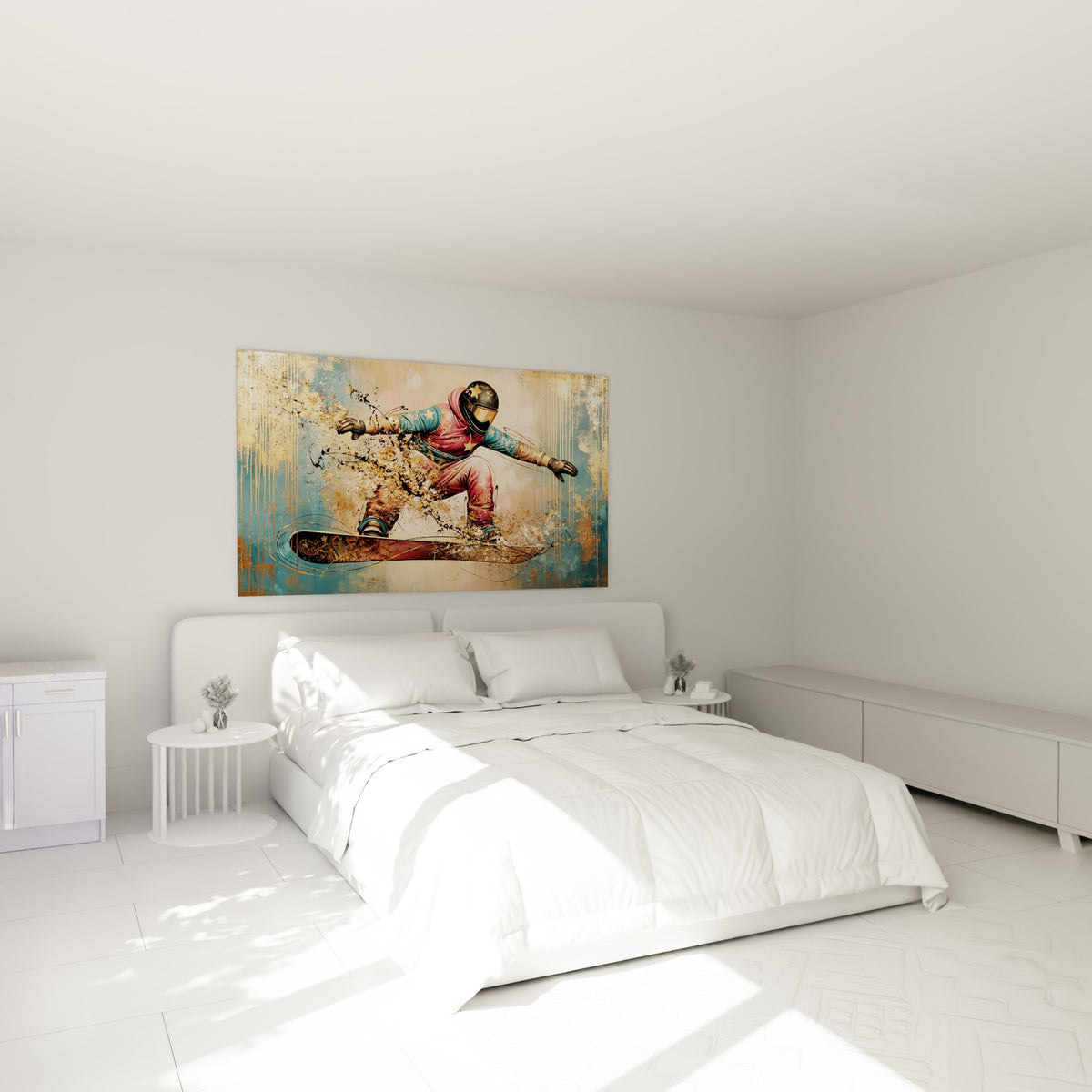 Rider incliné en combinaison rose et bleue, planche dorée, au-dessus d'un lit dans une chambre claire