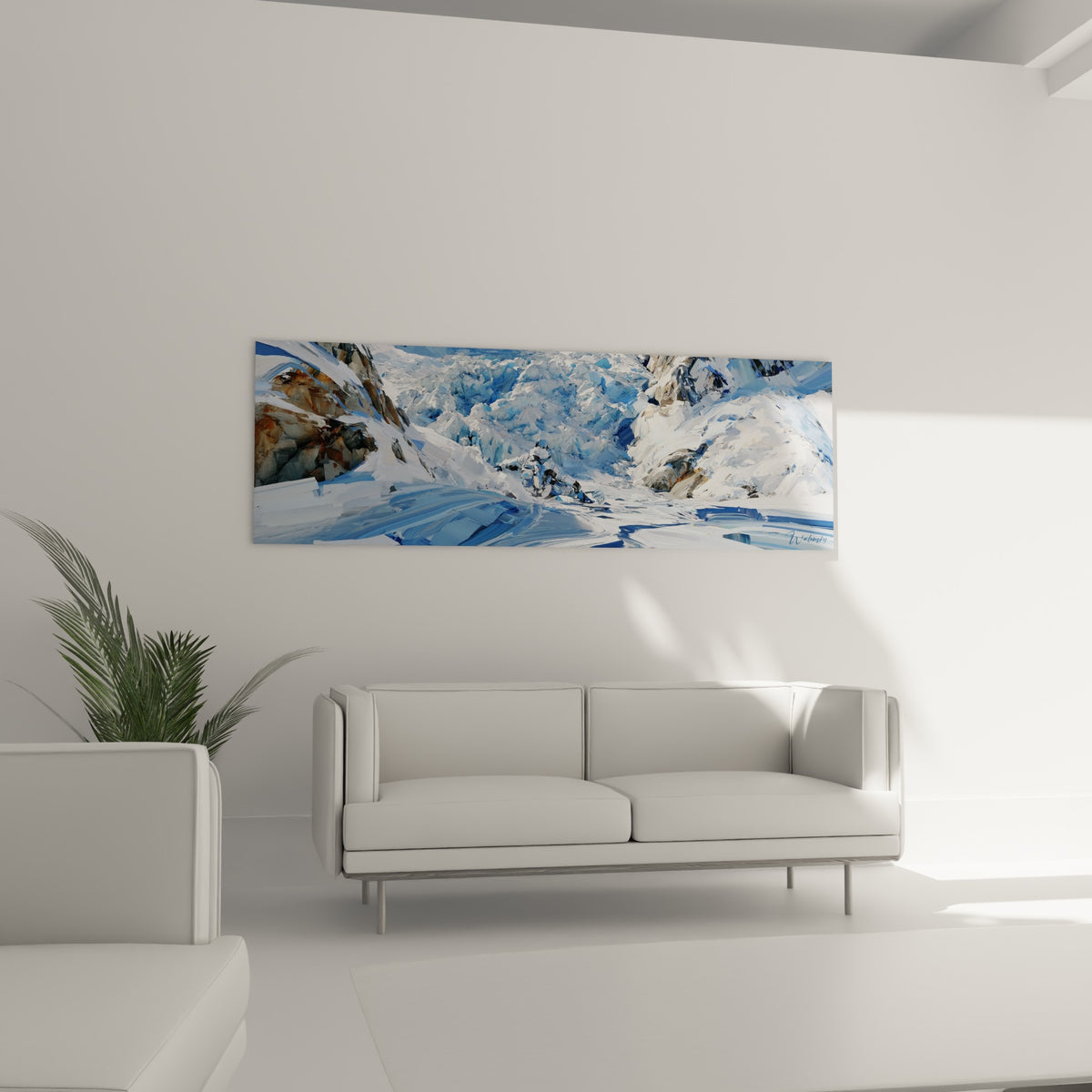 Crevasses glacées en bleu et blanc au-dessus d'un canapé dans un salon lumineux