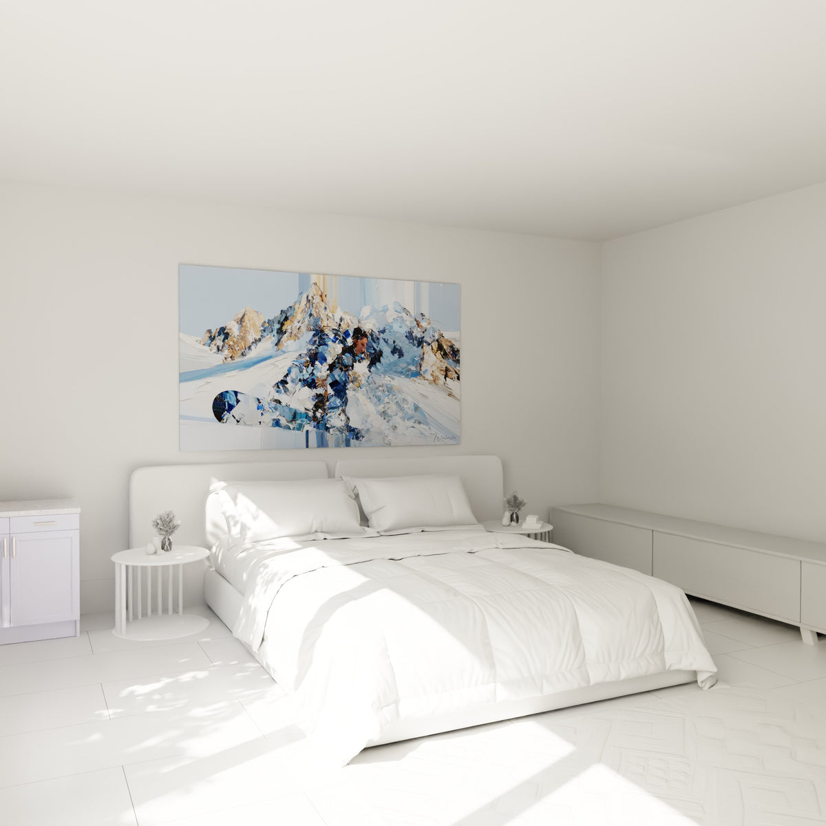 Rider en bleu et blanc capturé en plein mouvement, accroché au-dessus d'un lit dans une chambre claire