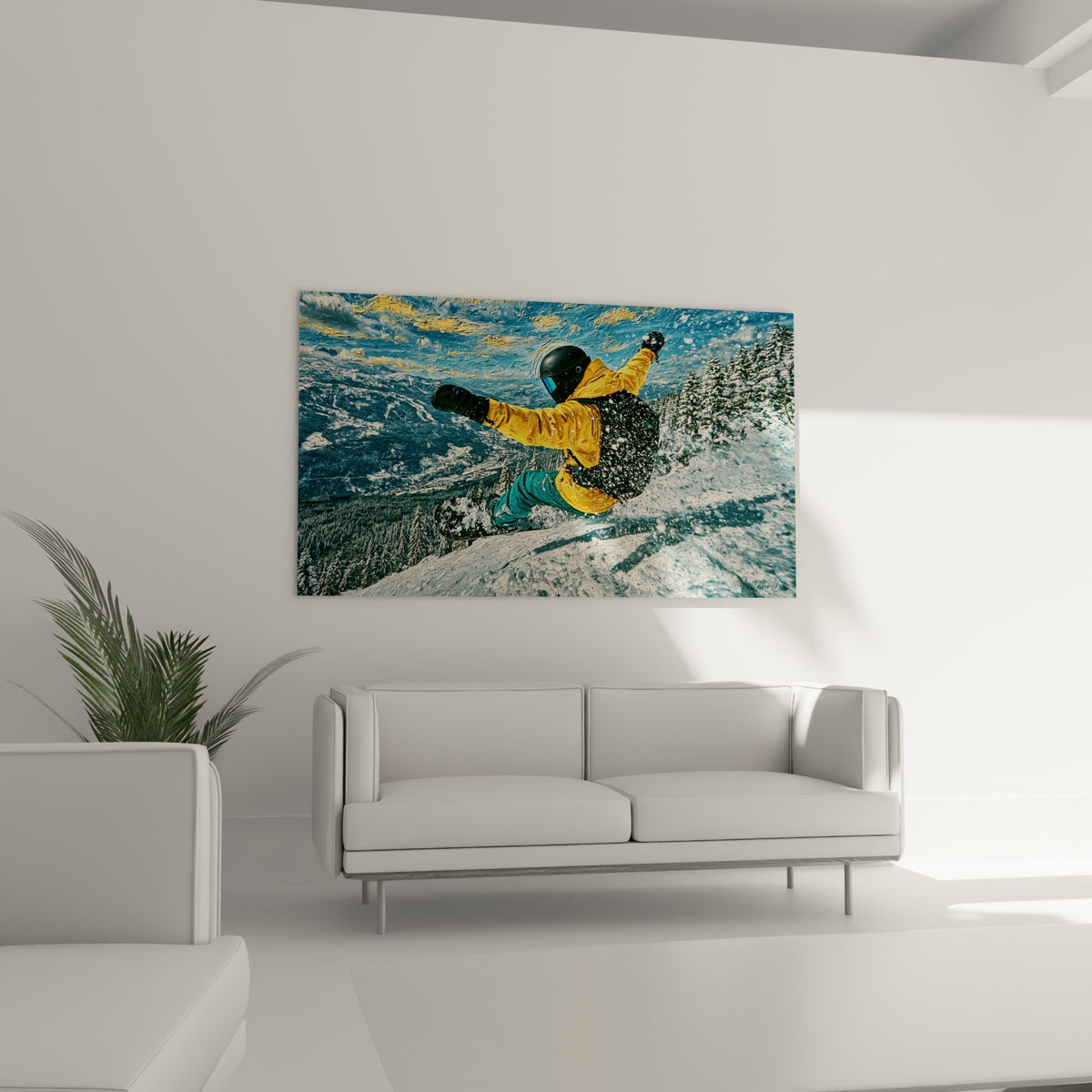 Sportif en tenue jaune et turquoise fendant la poudreuse blanche, toile suspendue au-dessus d'un canapé dans un salon lumineux