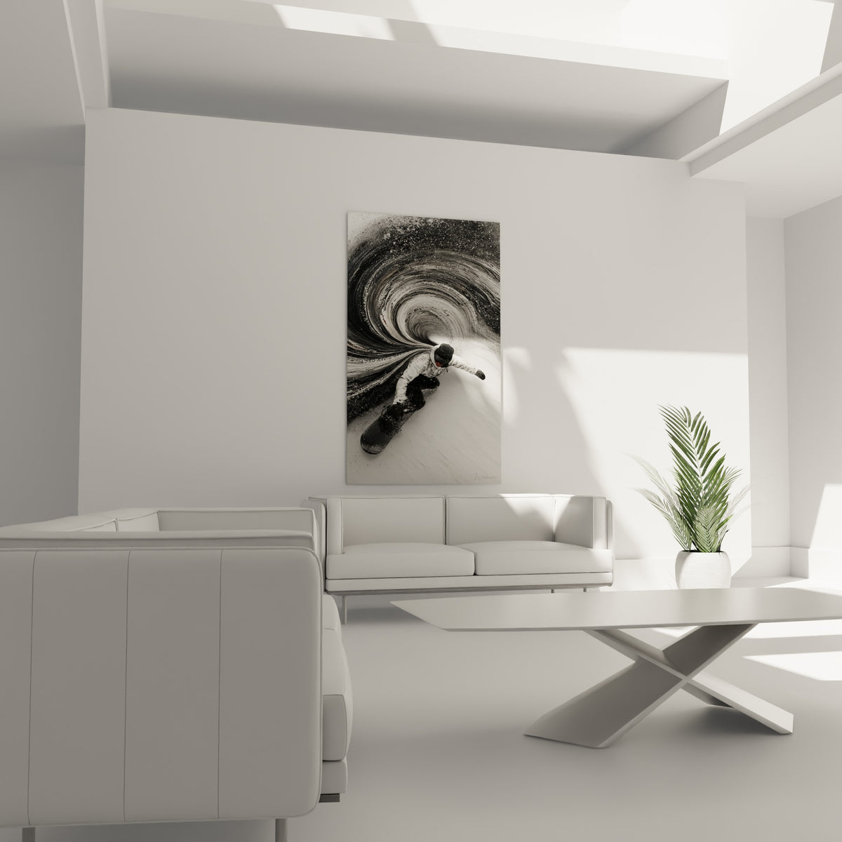 Planche noire et neige blanche projetée en spirale autour du snowboardeur, au-dessus d'un canapé dans un salon lumineux
