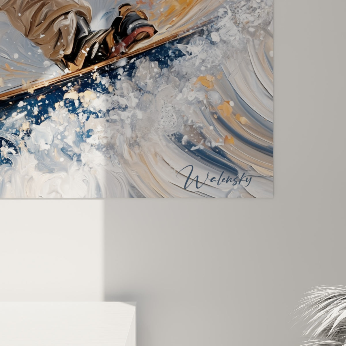 Empâtements orangés et coulures bleu marine dessinant le mouvement tourbillonnant de la neige et de la combinaison