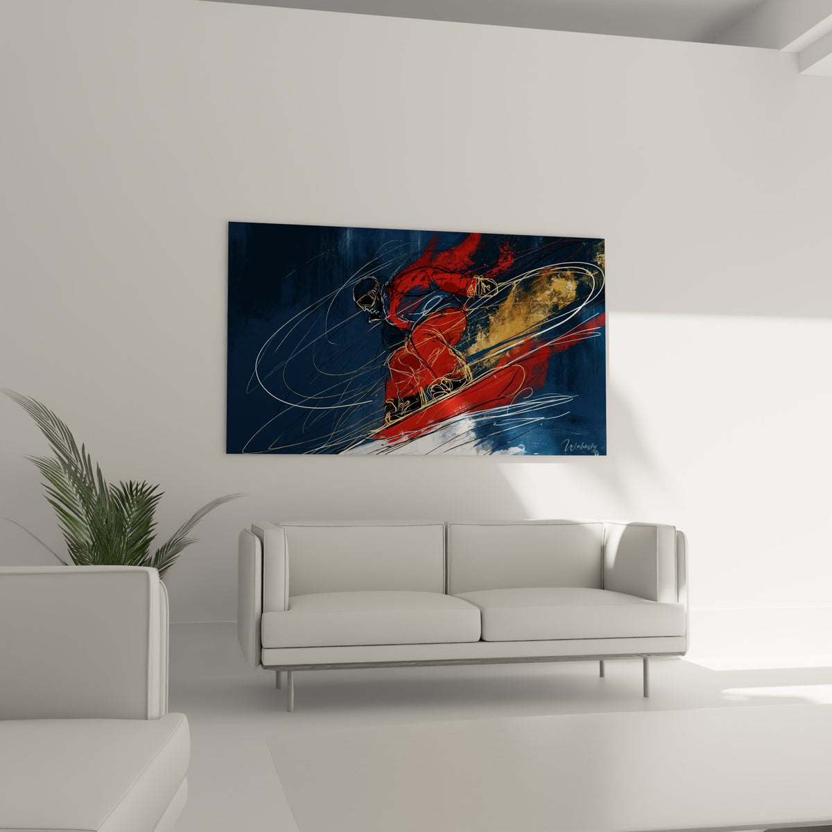 Silhouette sportive rouge et or en pleine glisse, au-dessus d'un canapé dans un salon lumineux