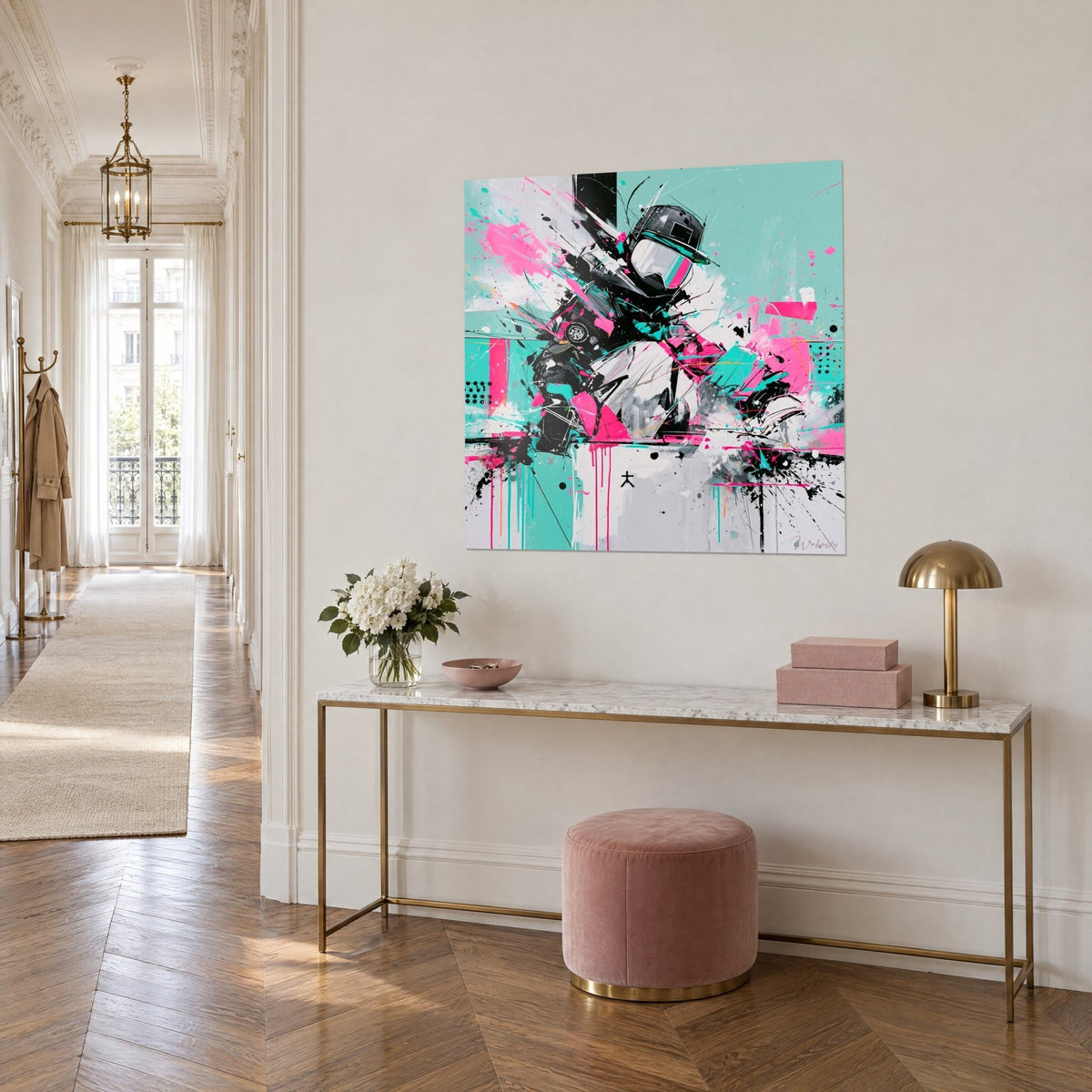 Wall art snowboarder in black, pink and turquoise splashes on white background, three-quarter view above a gold console