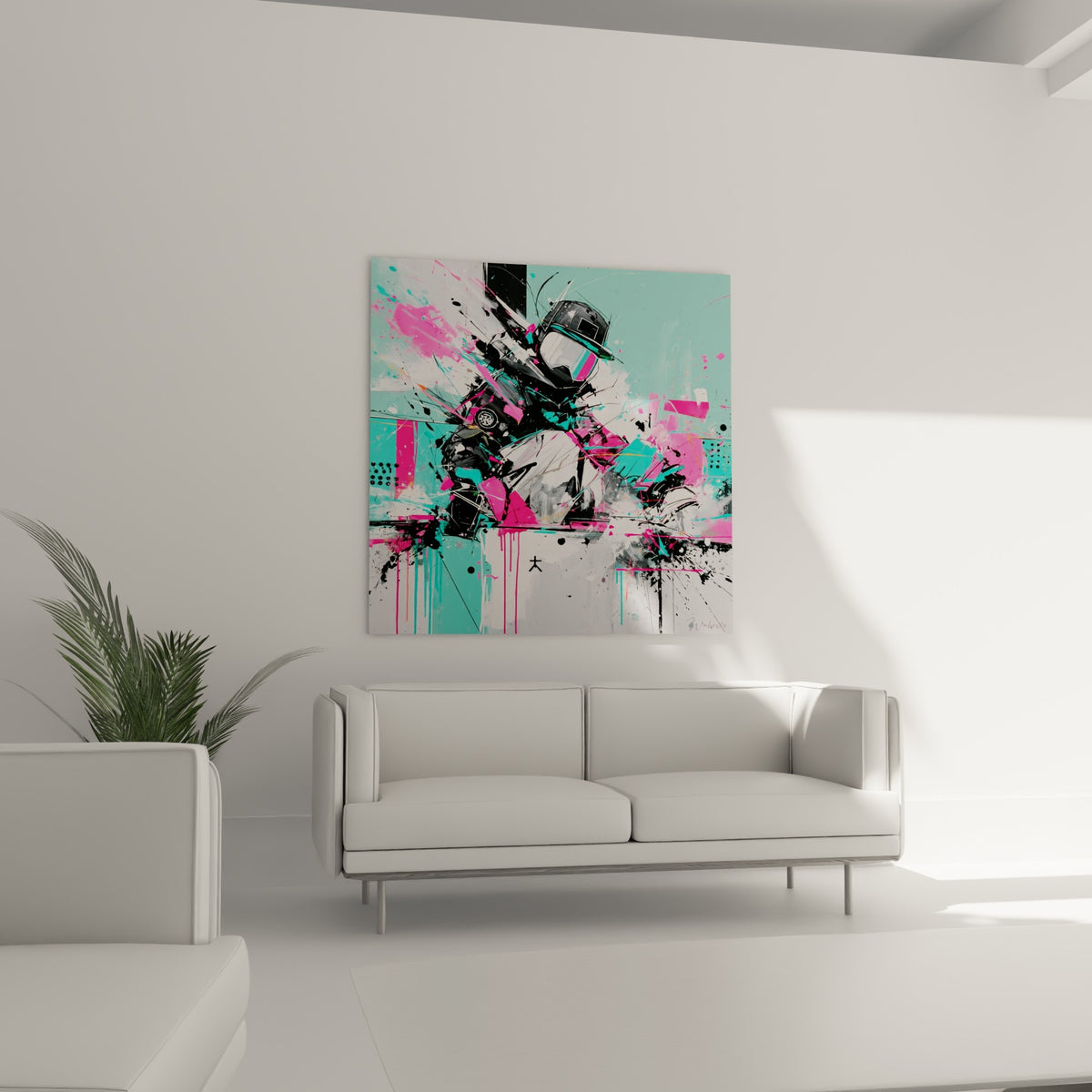 Silhouette sportive éclatée de peinture rose et turquoise, au-dessus d'un canapé dans un salon lumineux
