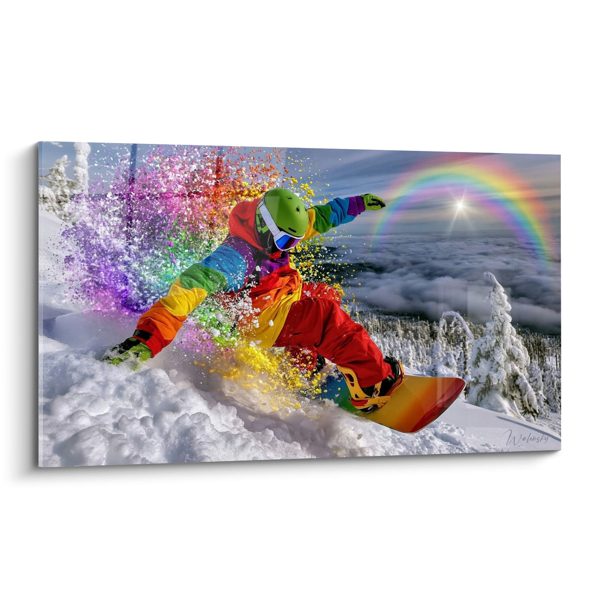 Snowboardeur en rouge et jaune projette une poudre violette et verte sur fond de montagne