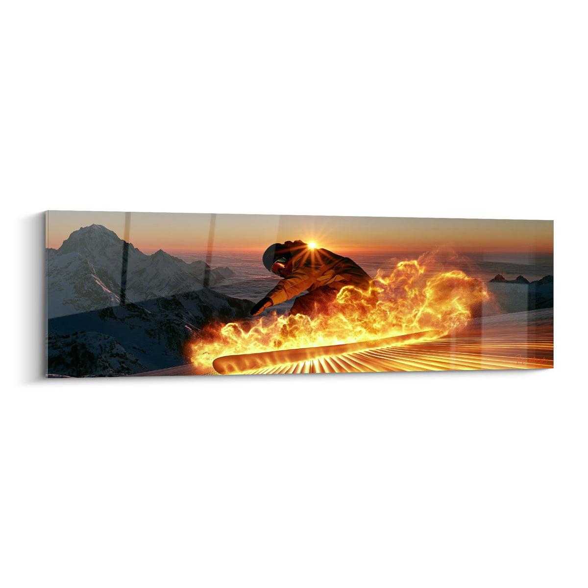 Snowboardeur en pleine descente entouré de flammes dorées face aux montagnes anthracite enneigées