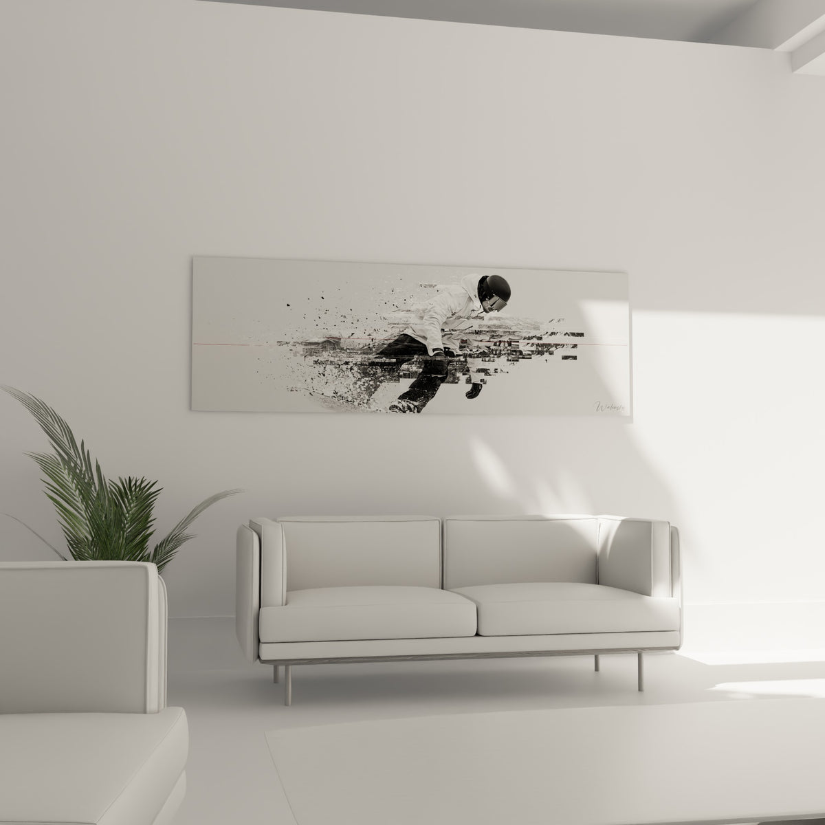 Silhouette sportive fragmentée en traînée grise et blanche, tableau snowboard au-dessus d'un canapé dans un salon lumineux