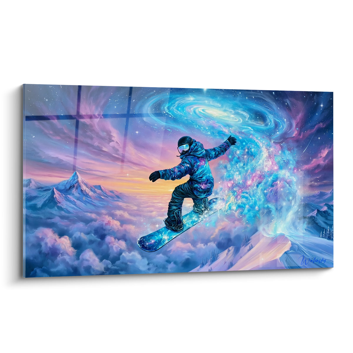 Snowboardeur en combinaison bleu nuit sautant dans une galaxie violette et turquoise étoilée