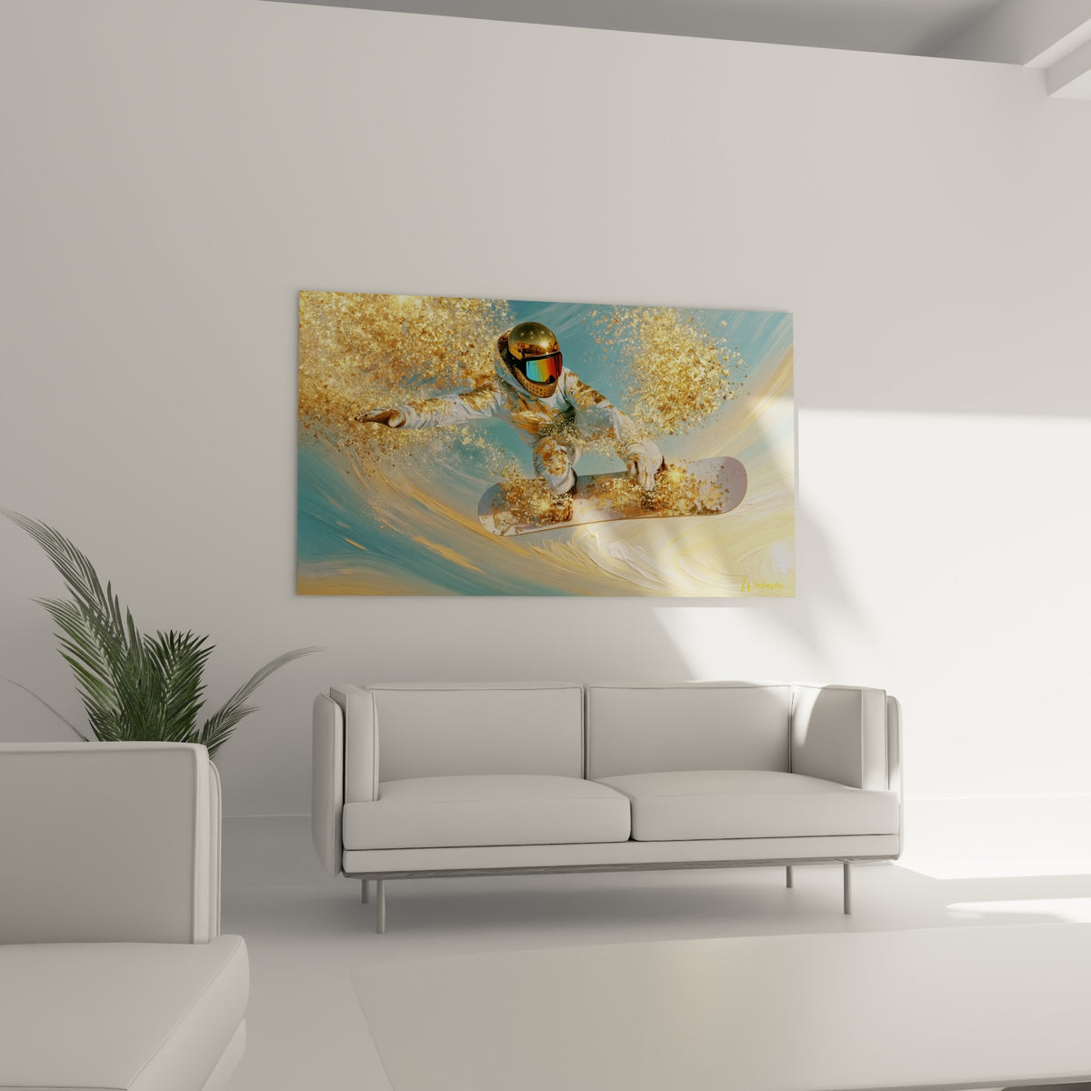 Casque miroir doré et gants blancs éclaboussés d'or au-dessus d'un canapé dans un salon lumineux