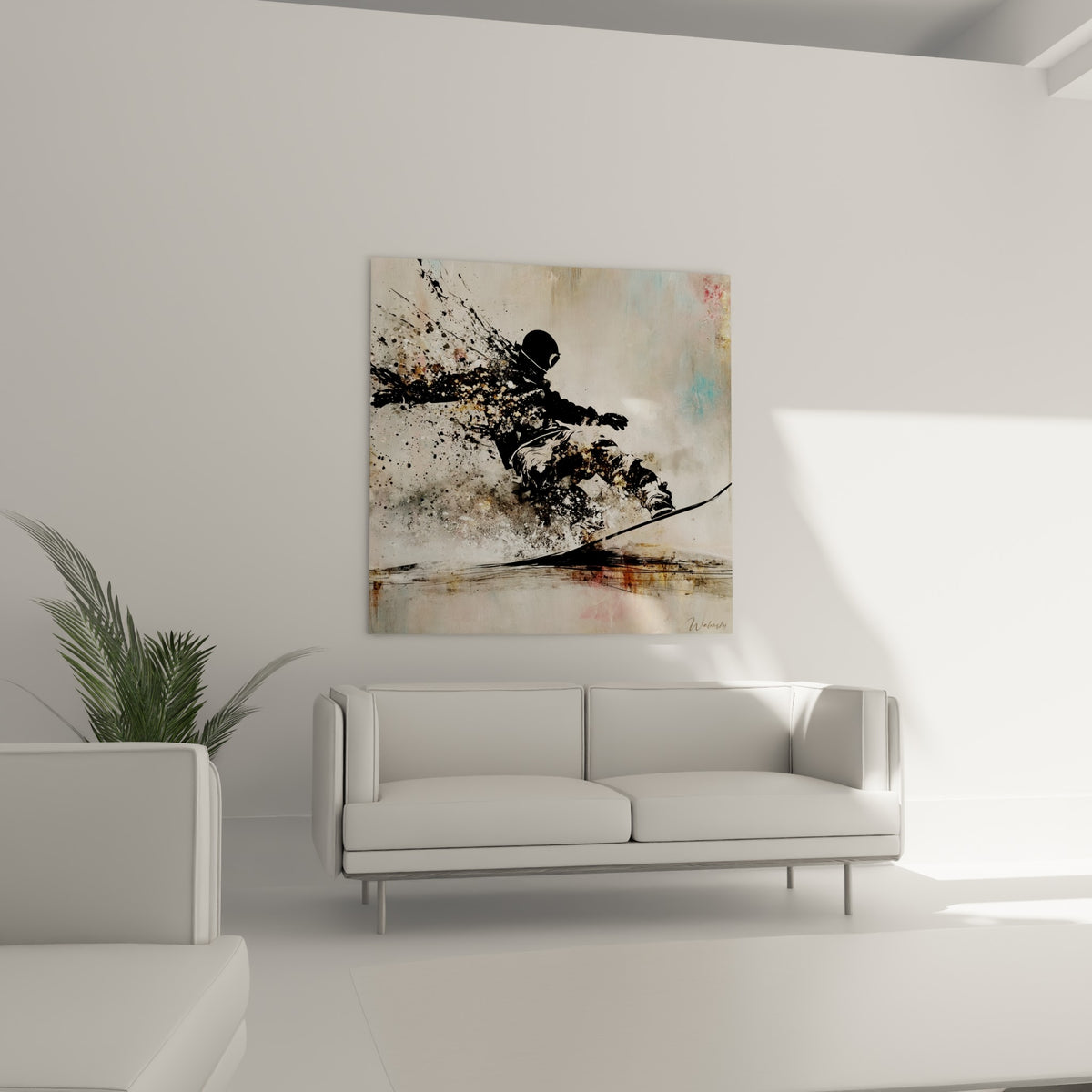 Sportif casqué en action, gerbe anthracite et dorée sur toile, au-dessus d'un canapé dans un salon lumineux